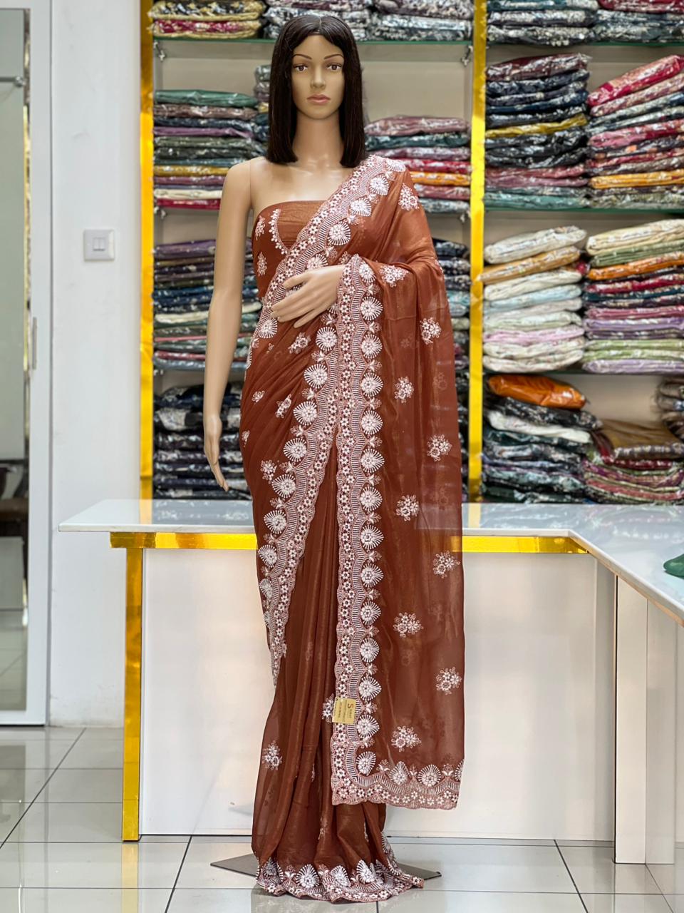 Elegant Copper Brown Georgette Saree with Shine Coating & White Embroidery