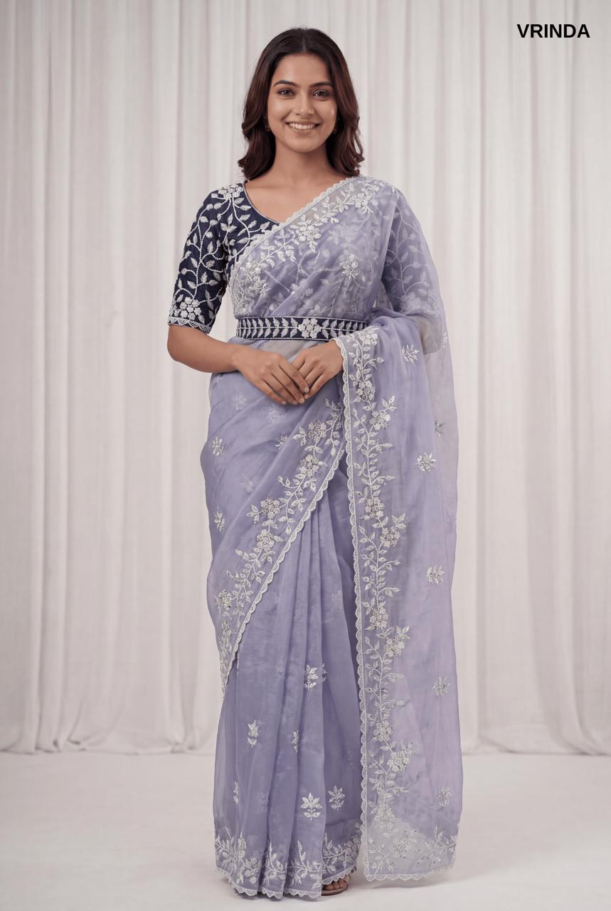 Premium Lilac Organza Saree with Ready-Made Blouse & Embroidered Designer Belt