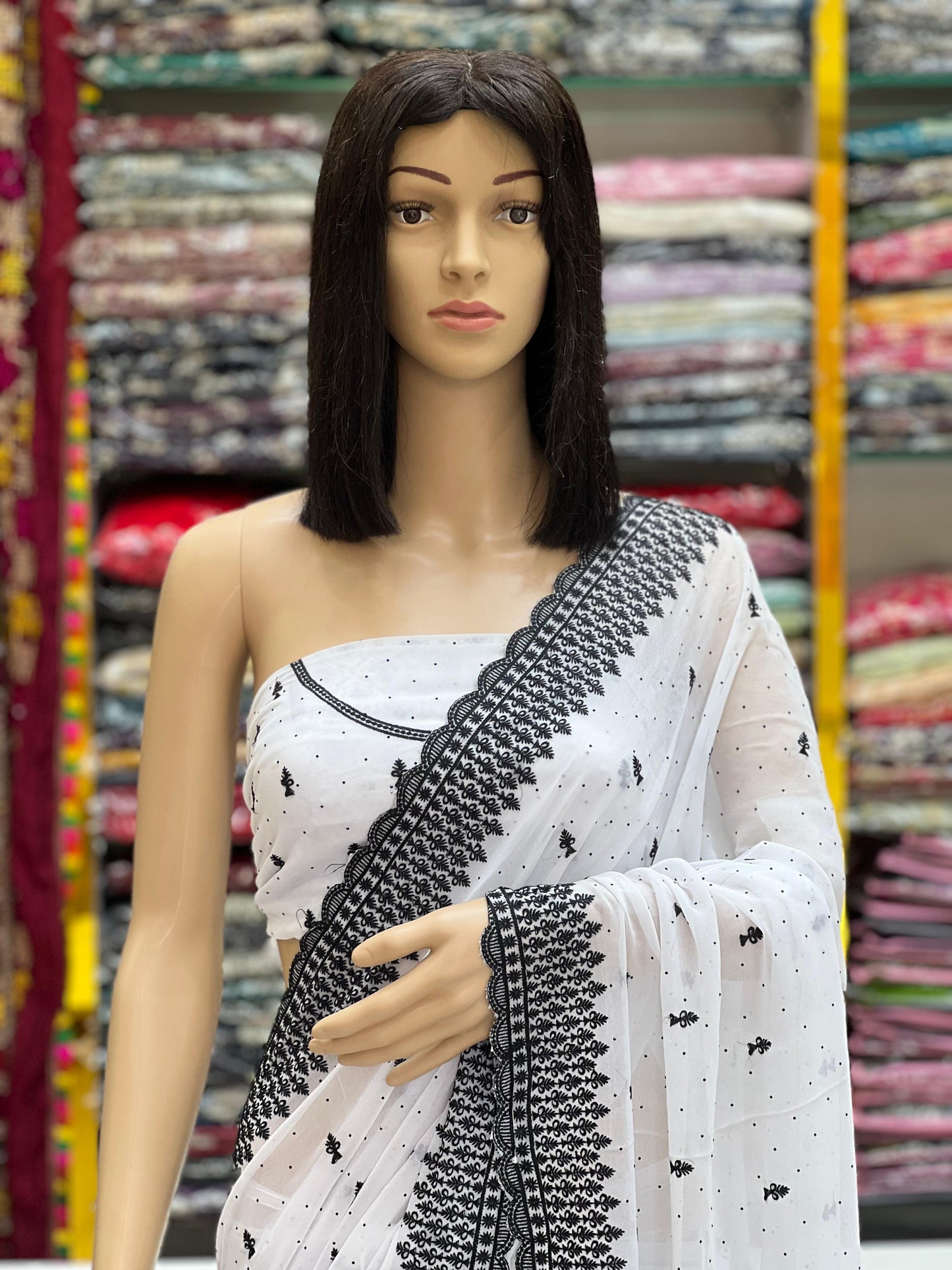 White Georgette Saree with Black Thread Embroidery & Contrast Border