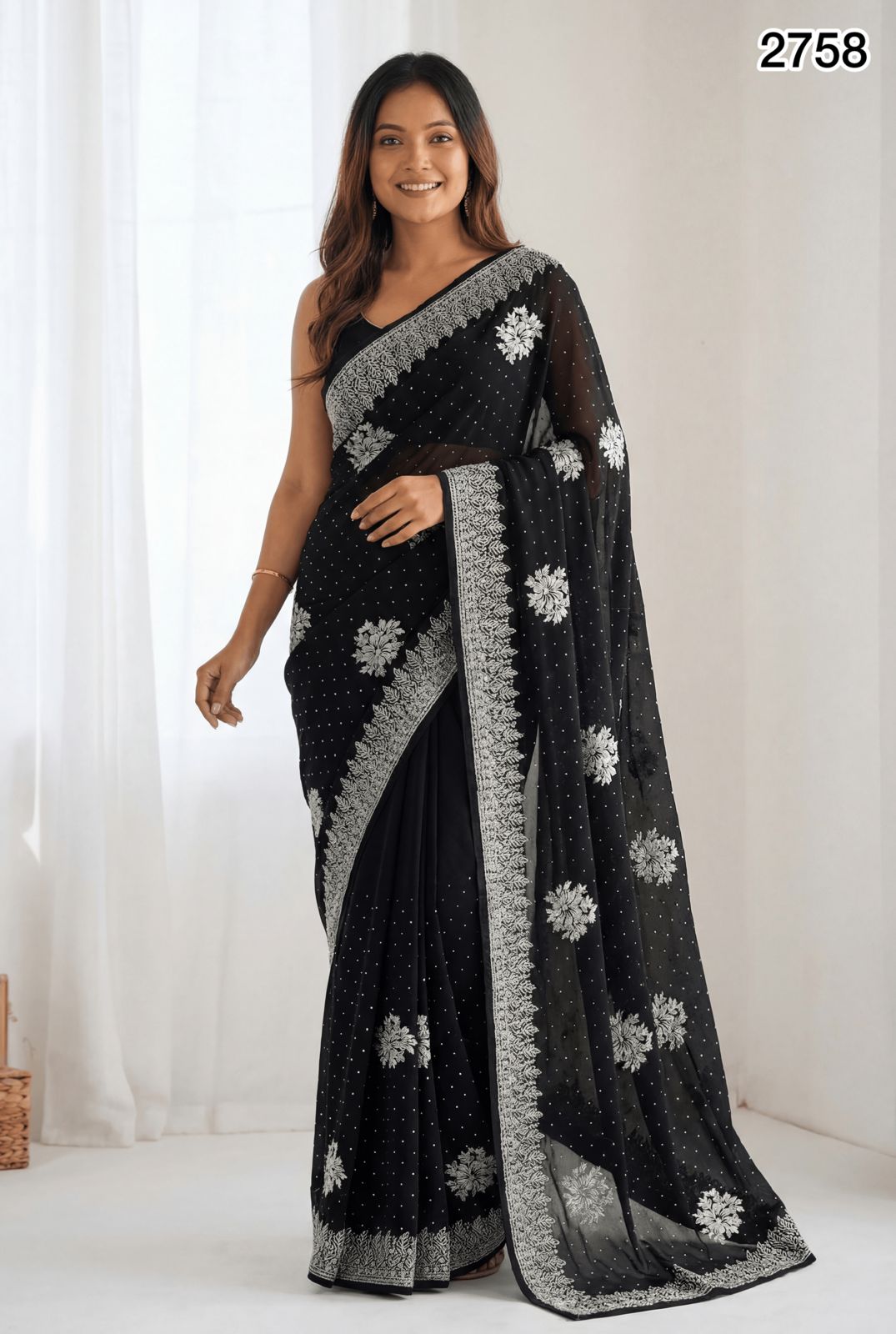 Classic Black Georgette Saree with Silver Zari Embroidery – Elegant Party & Festive Wear