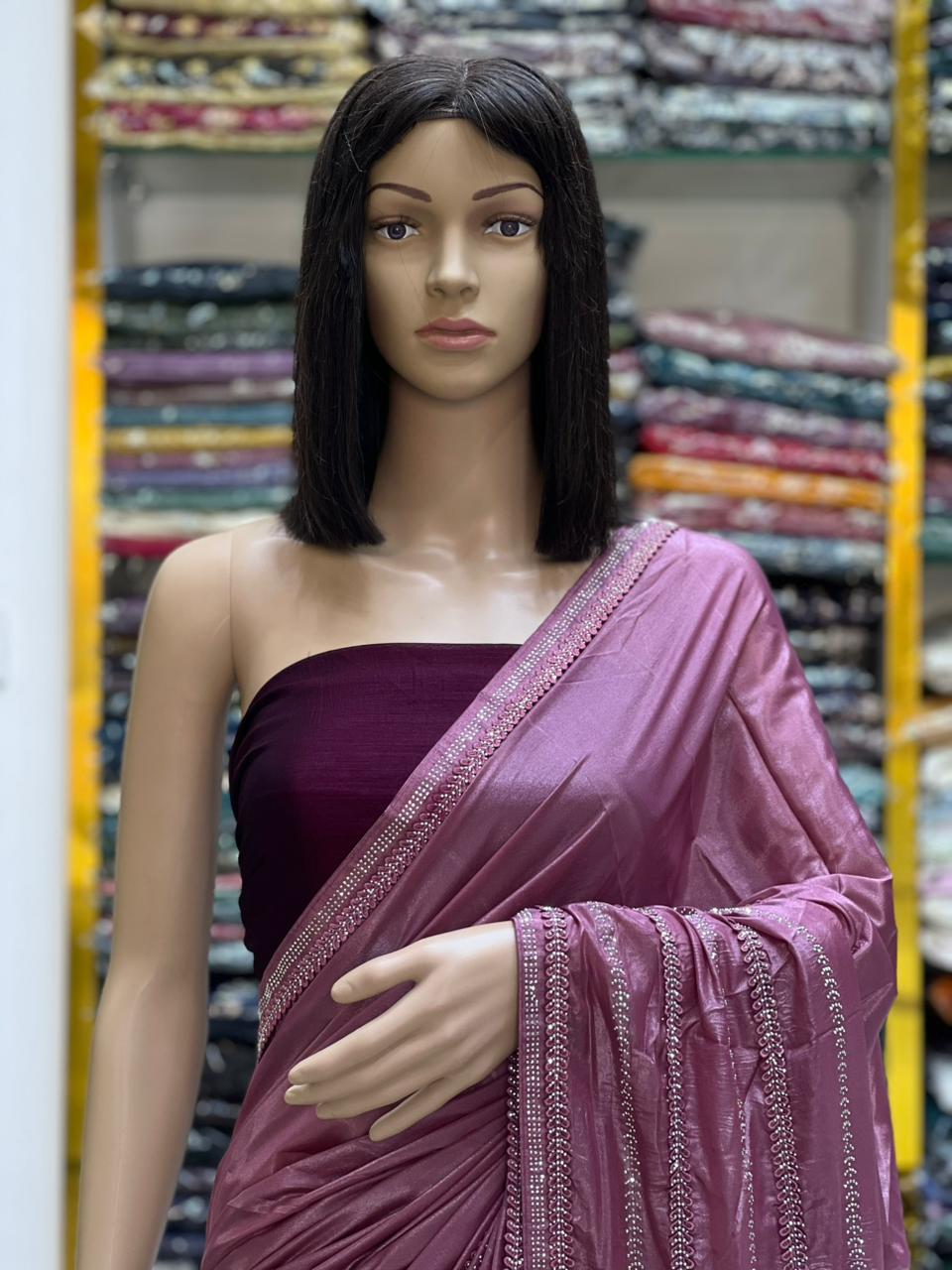 Premium Mauve Satin Saree with Elegant Stone Embroidery