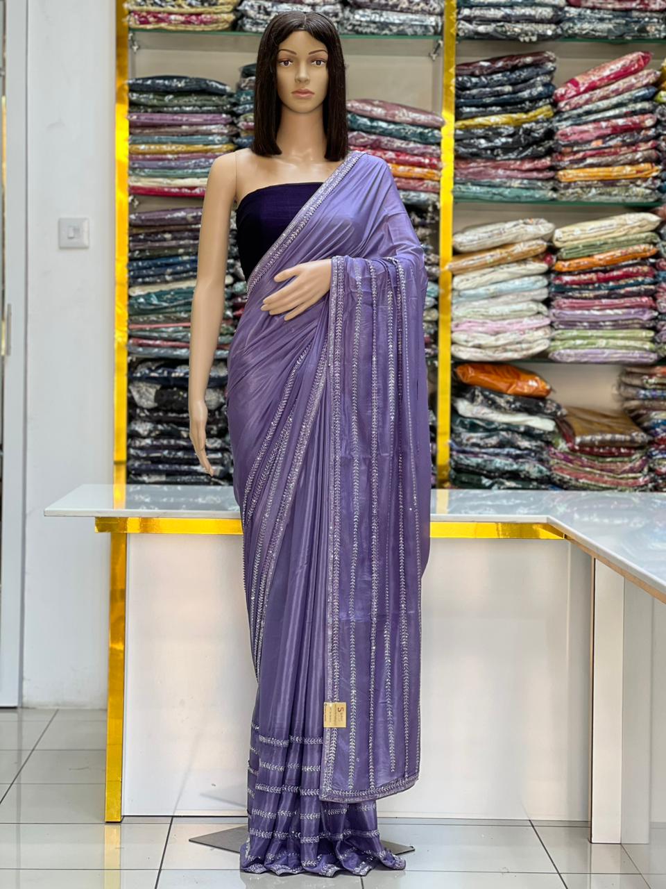 Lavender Elegance Designer Saree with Premium Stone Border Work