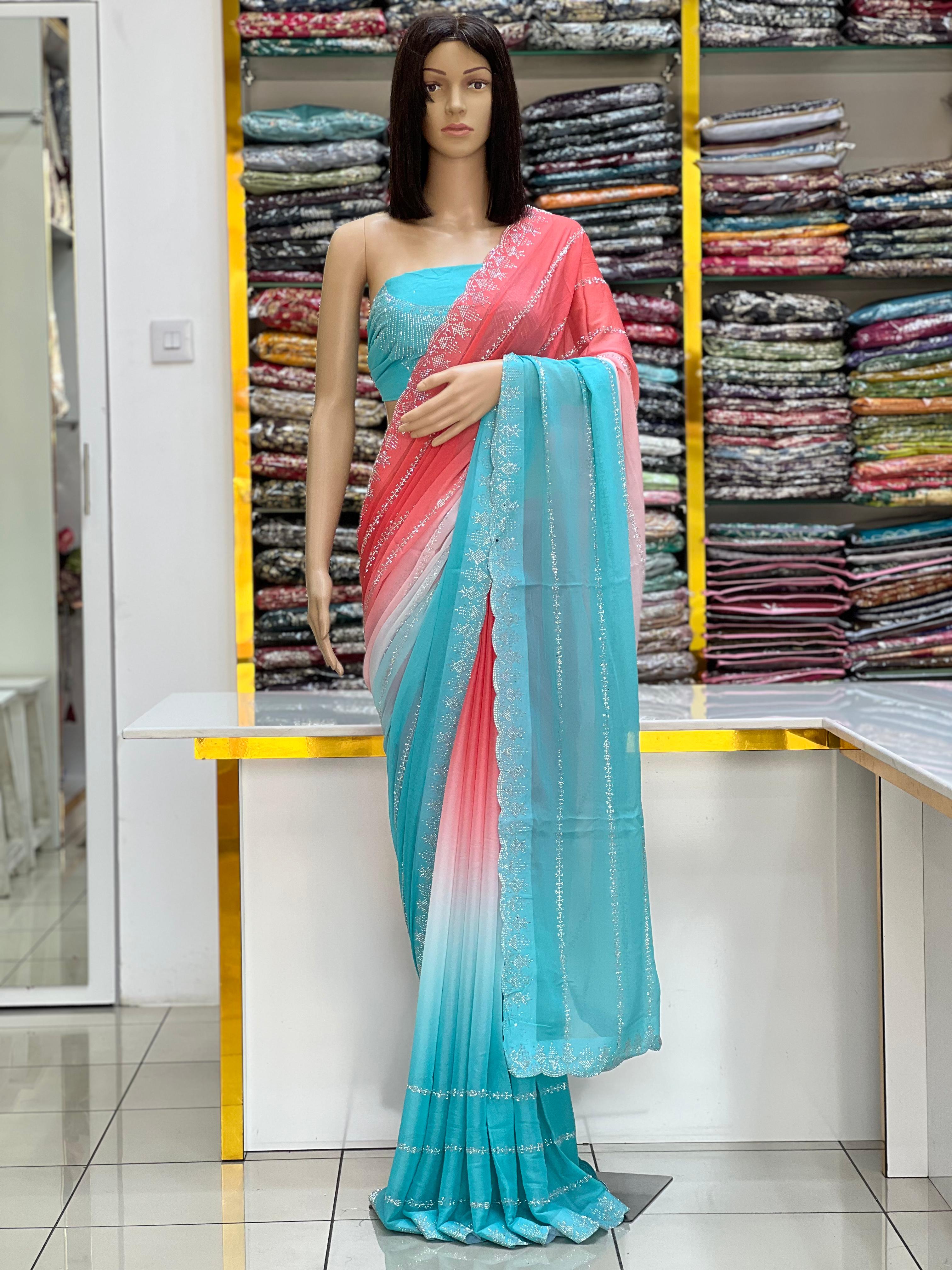 Sea Green & Coral Ombre Chiffon Saree with Subtle Silver Work