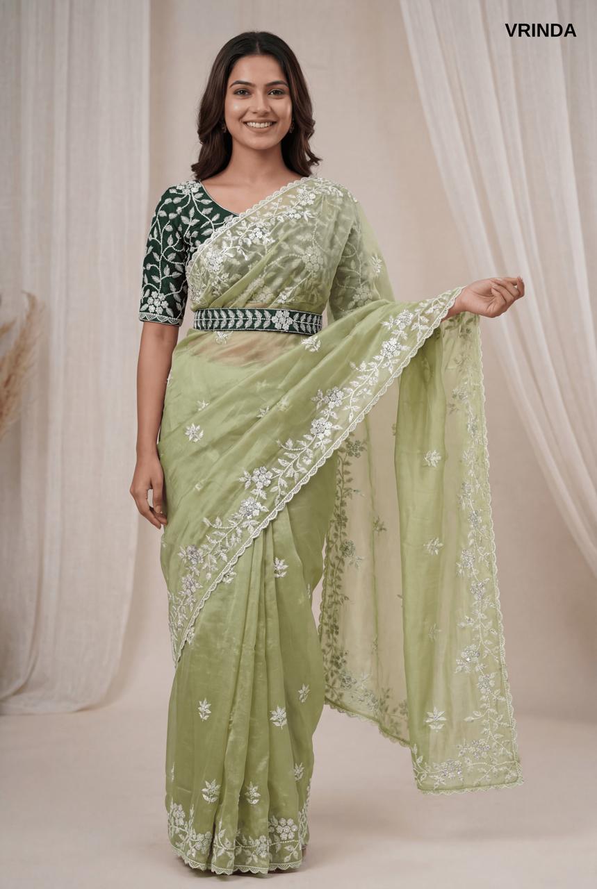 Premium Pista Green Organza Saree with Ready-Made Blouse & Designer Belt