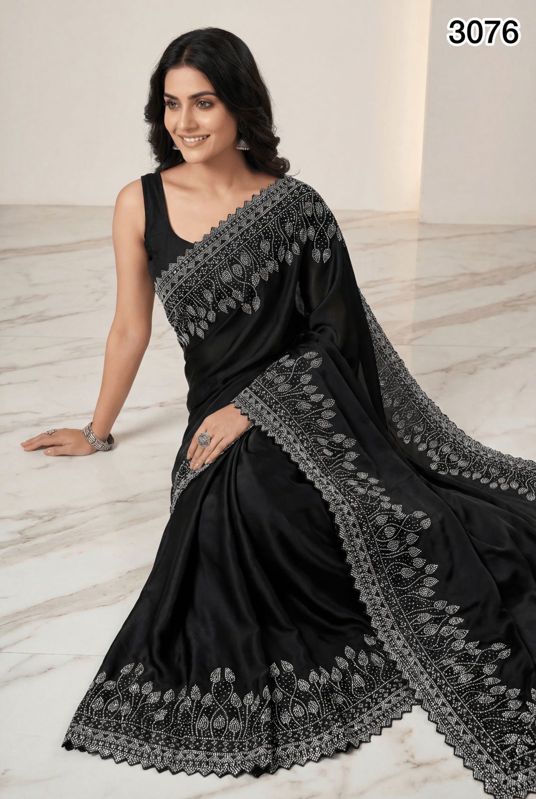 Premium Black Satin Silk Saree with Swarovski Stone Work – Elegant Party & Evening Wear