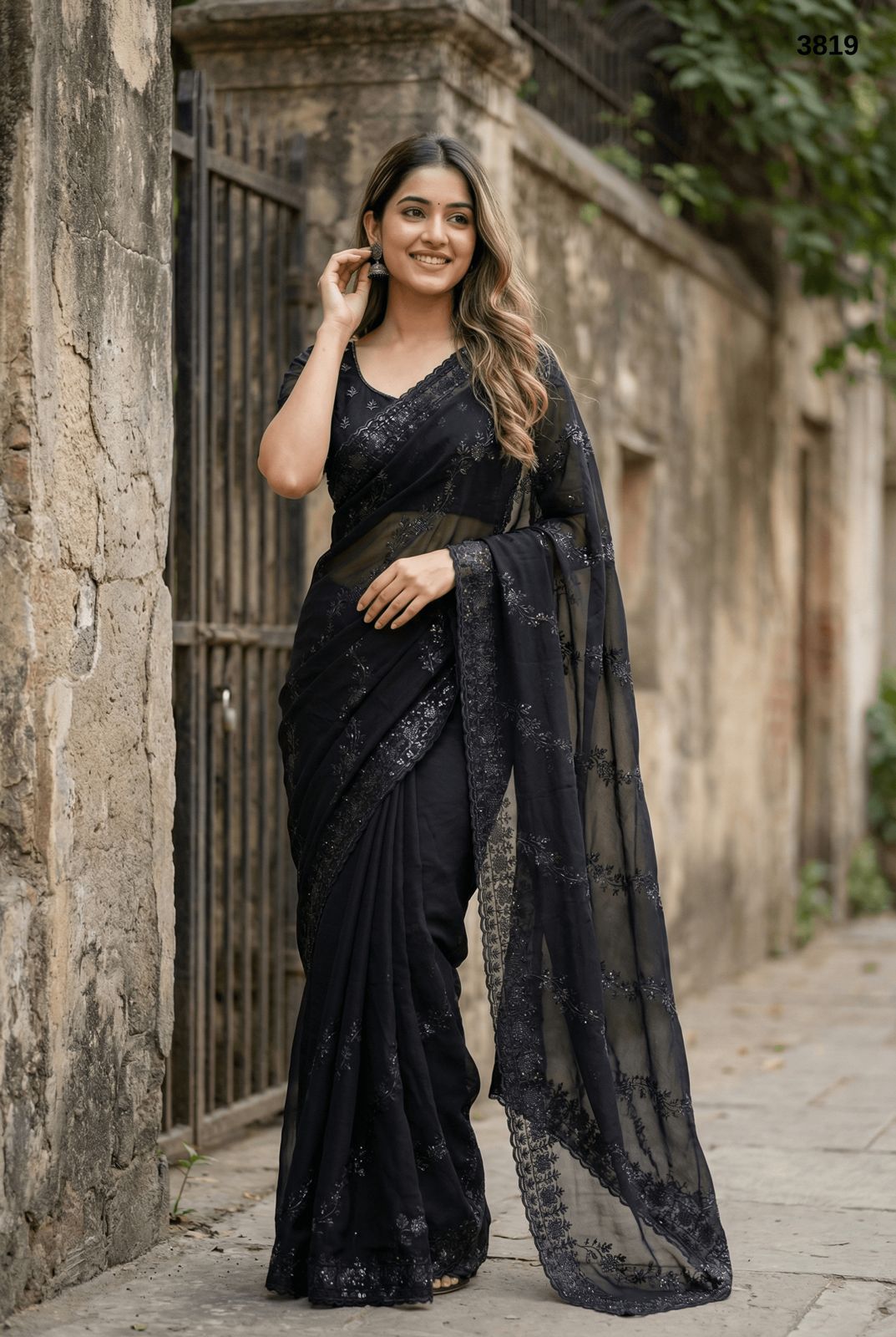 Elegant Black Georgette Saree with Black Thread Embroidery & Stone Work