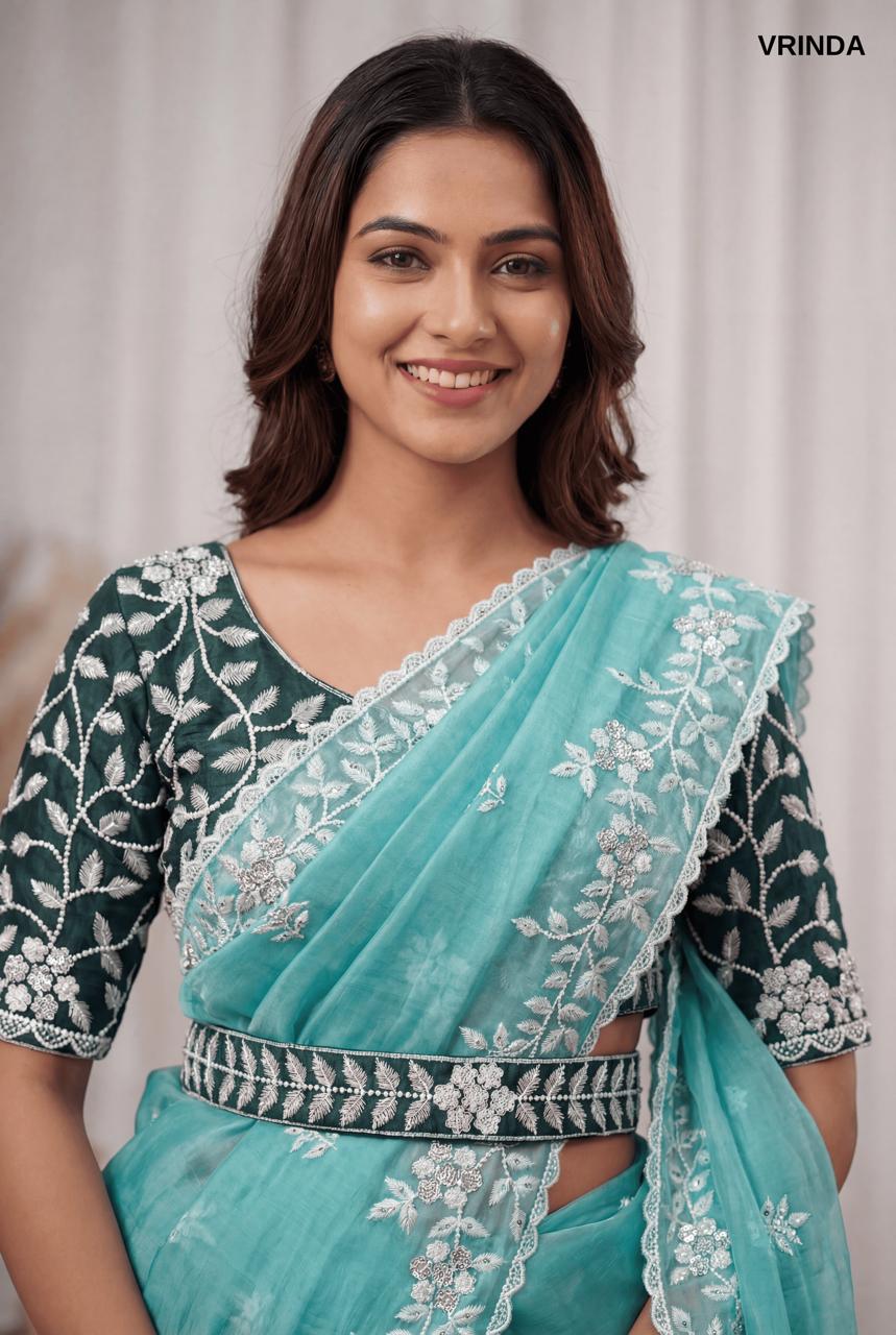 Premium Sea Green Organza Saree with Ready-Made Blouse & Designer Belt