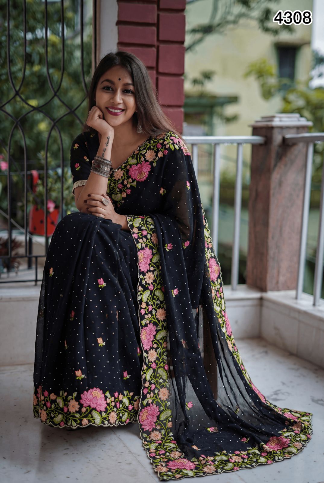 Black Georgette Saree with Floral Embroidery & Delicate Stone Work