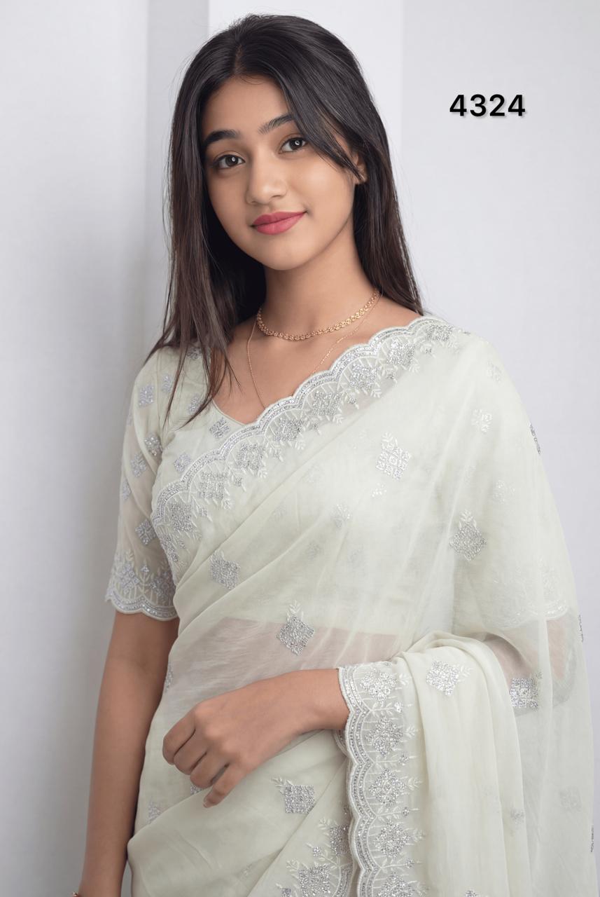 Elegant Cream Crunchy Chiffon Saree with Rembo Sequin Work