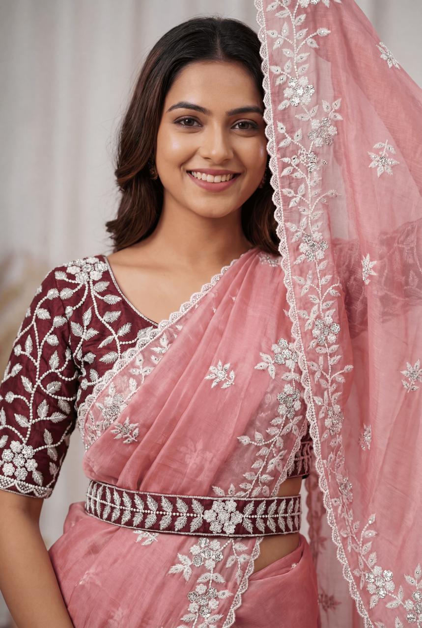 Premium Dusty Pink Organza Saree with Ready-Made Blouse & Embroidered Belt