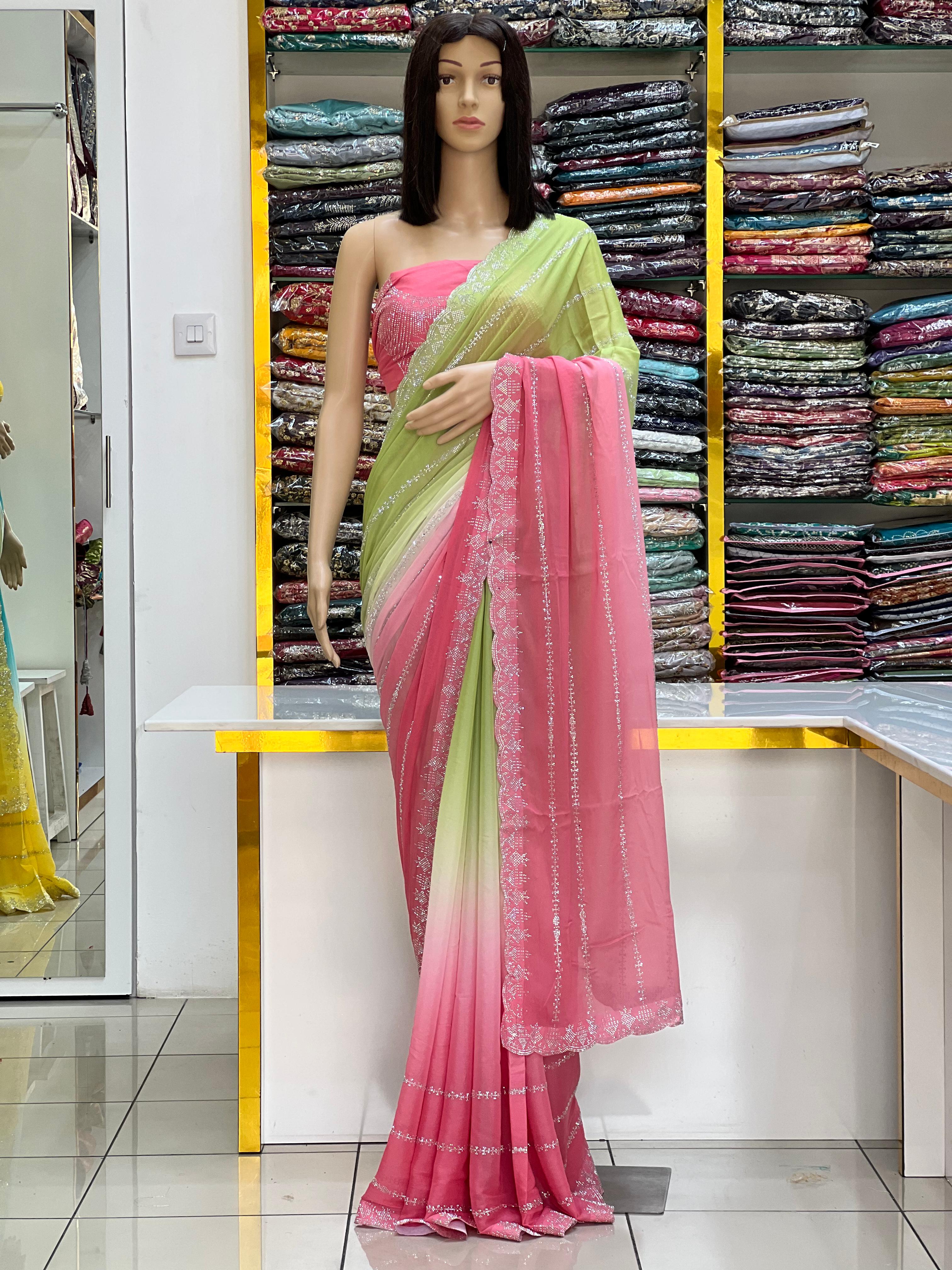 Elegant Dual-Tone Chiffon Saree with Silver Embellished Border