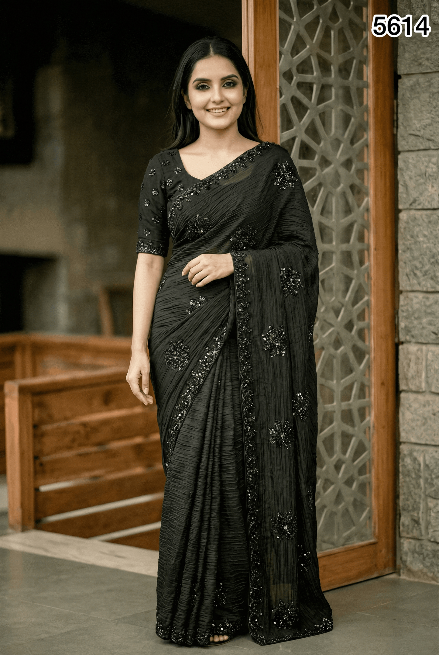 Premium Black Crunchy Saree with Heavy Beads & Sequin Work – Elegant Party Wear