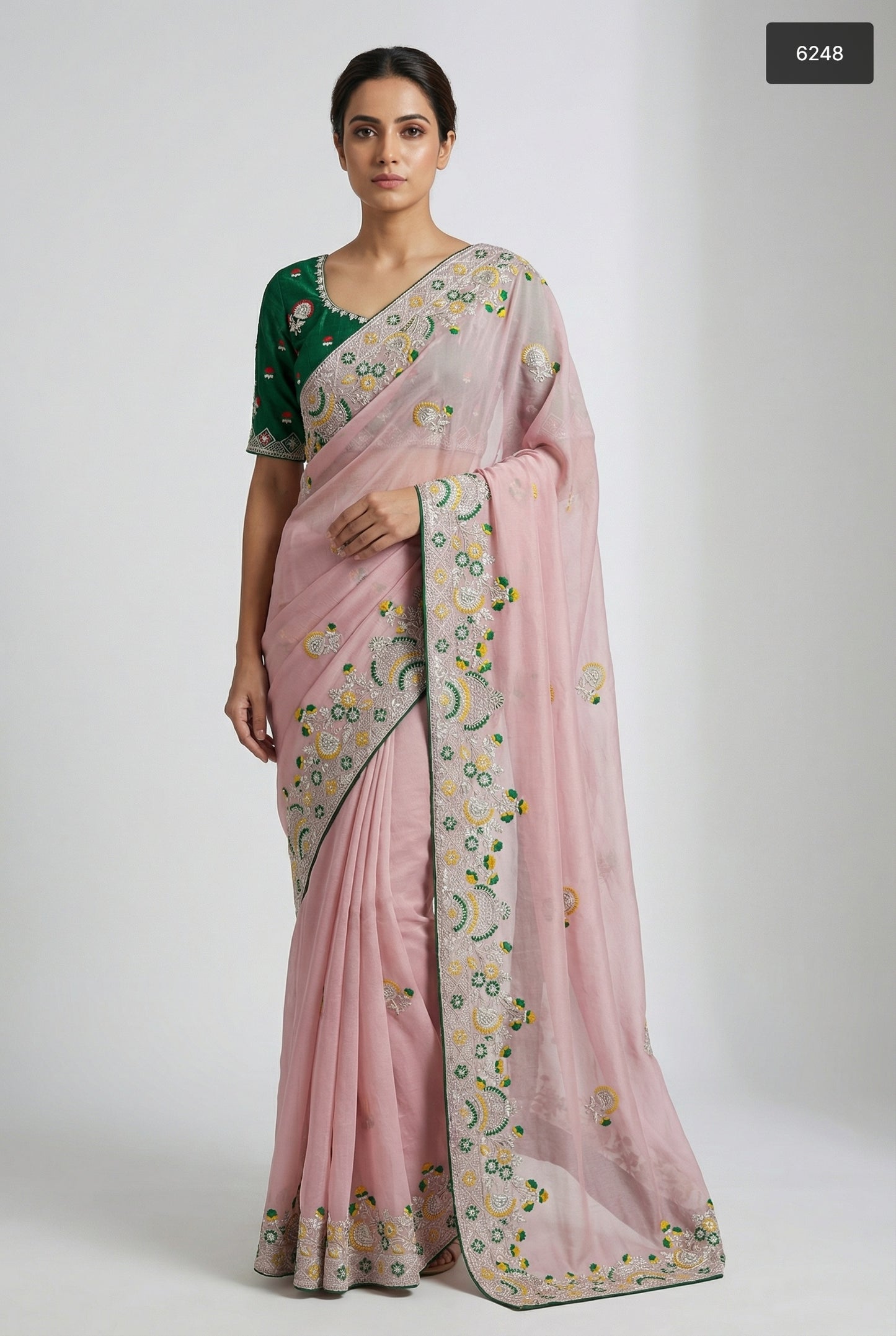 Pastel Pink Silk Saree with Emerald Green Scalloped Border & Blouse