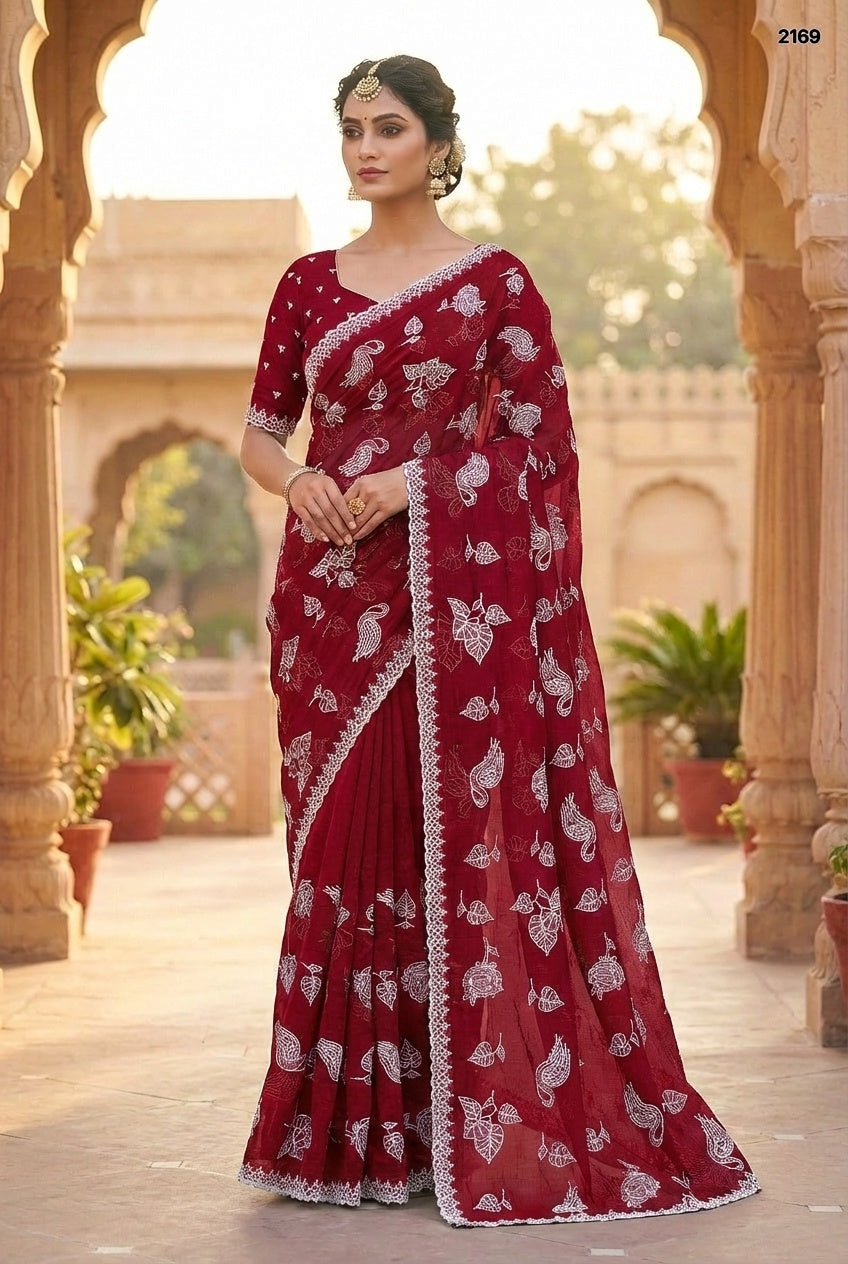Elegant Crimson Maroon Crunchy Saree with Intricate White Thread Work