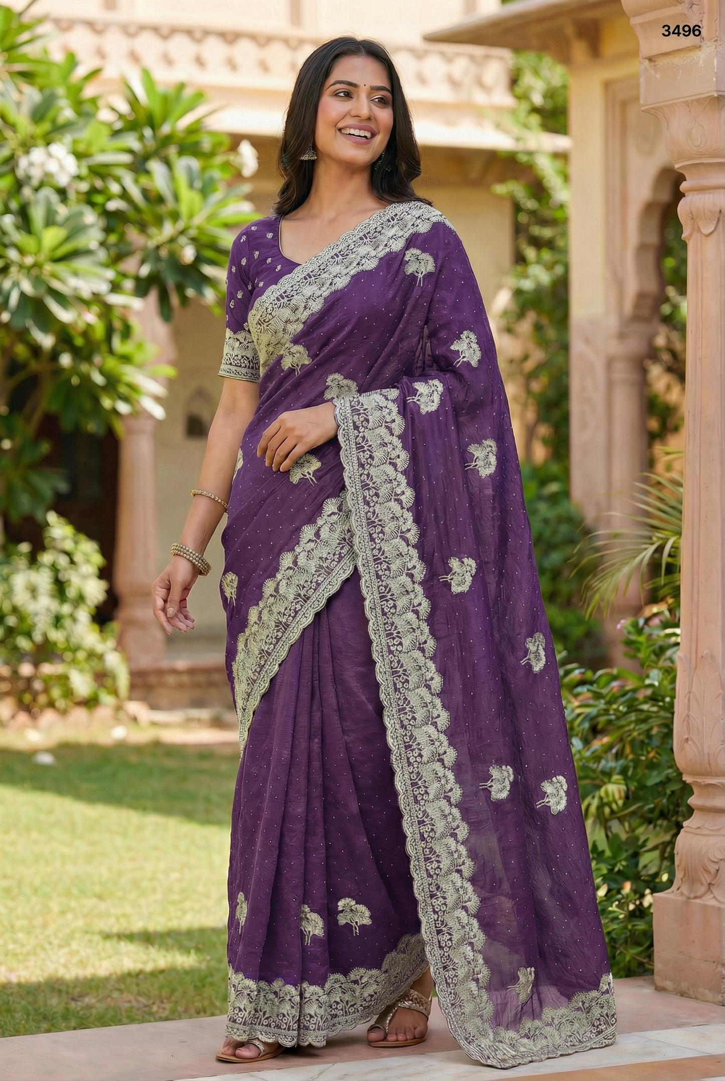 Royal Grape Purple Embroidered Crunchy Saree with Scalloped Borders