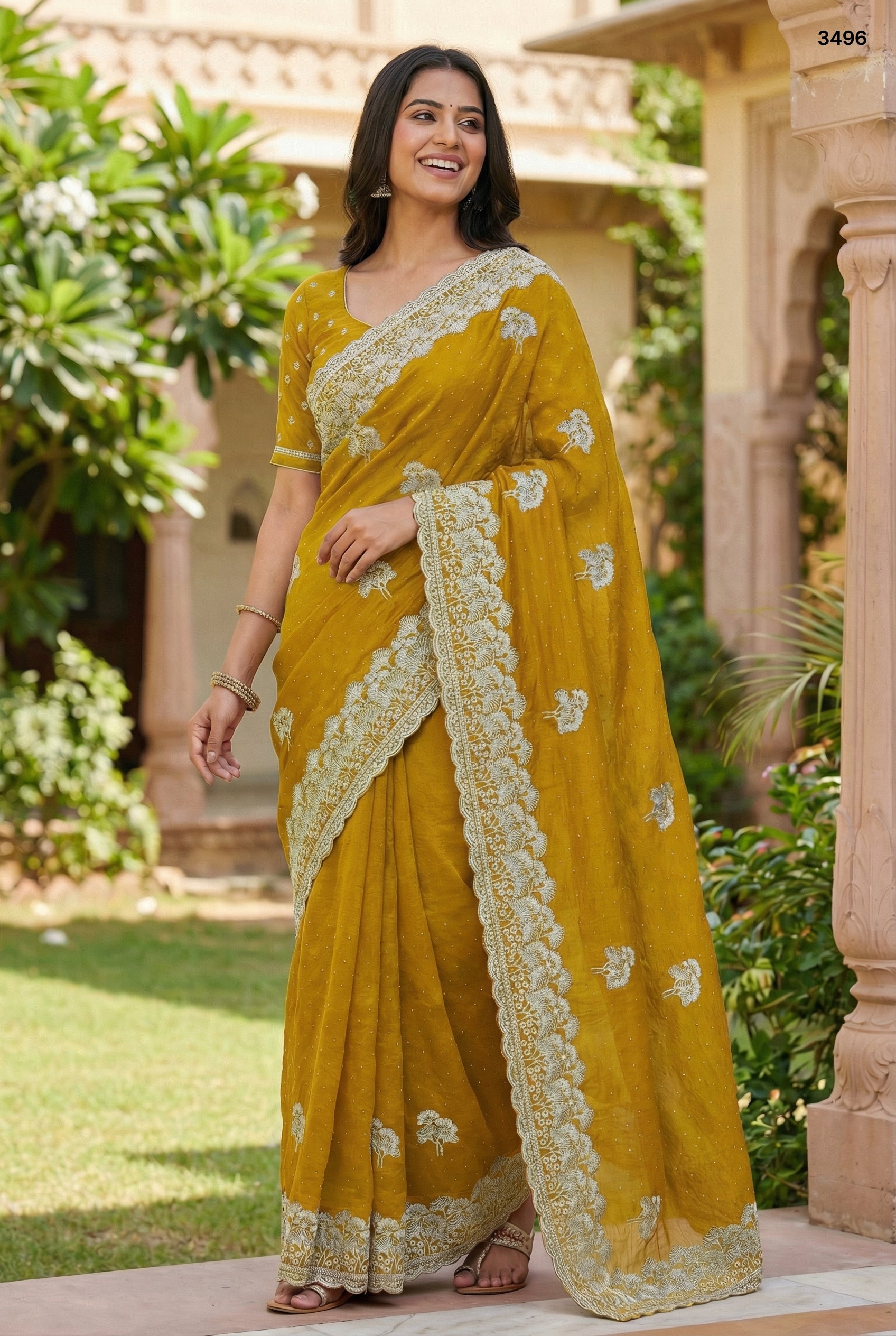 Mustard Yellow Crunchy Chiffon Saree with Intricate Silver Embroidery