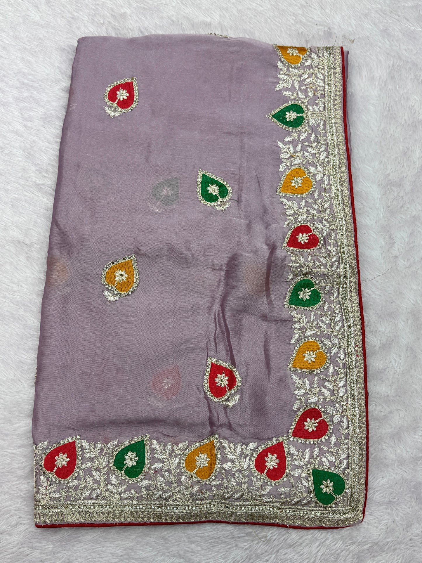 Elegant Lavender Chiffon Saree with Multicolor Embroidered Border