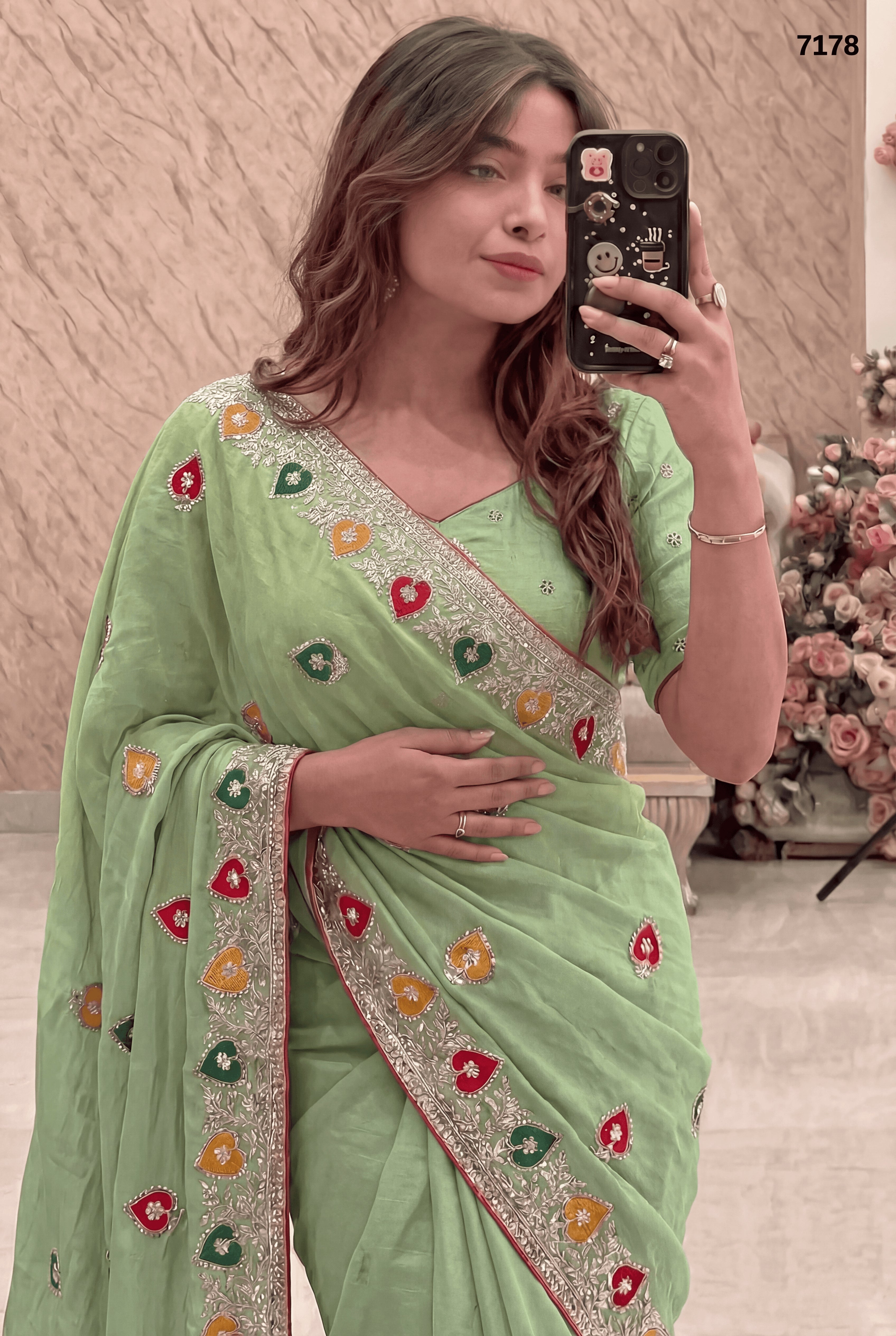 Elegant Green Chiffon Saree with Colorful Embroidery Border