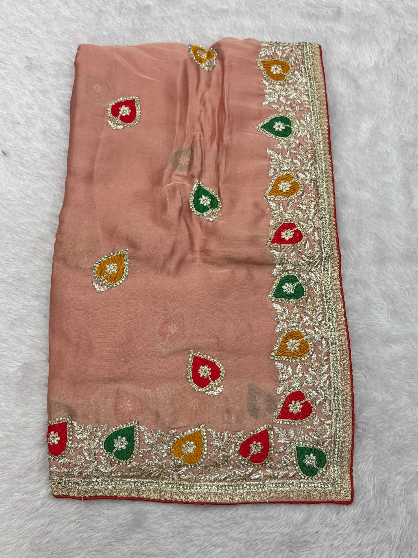 Peach Chiffon Saree with Multicolor Embroidery Border
