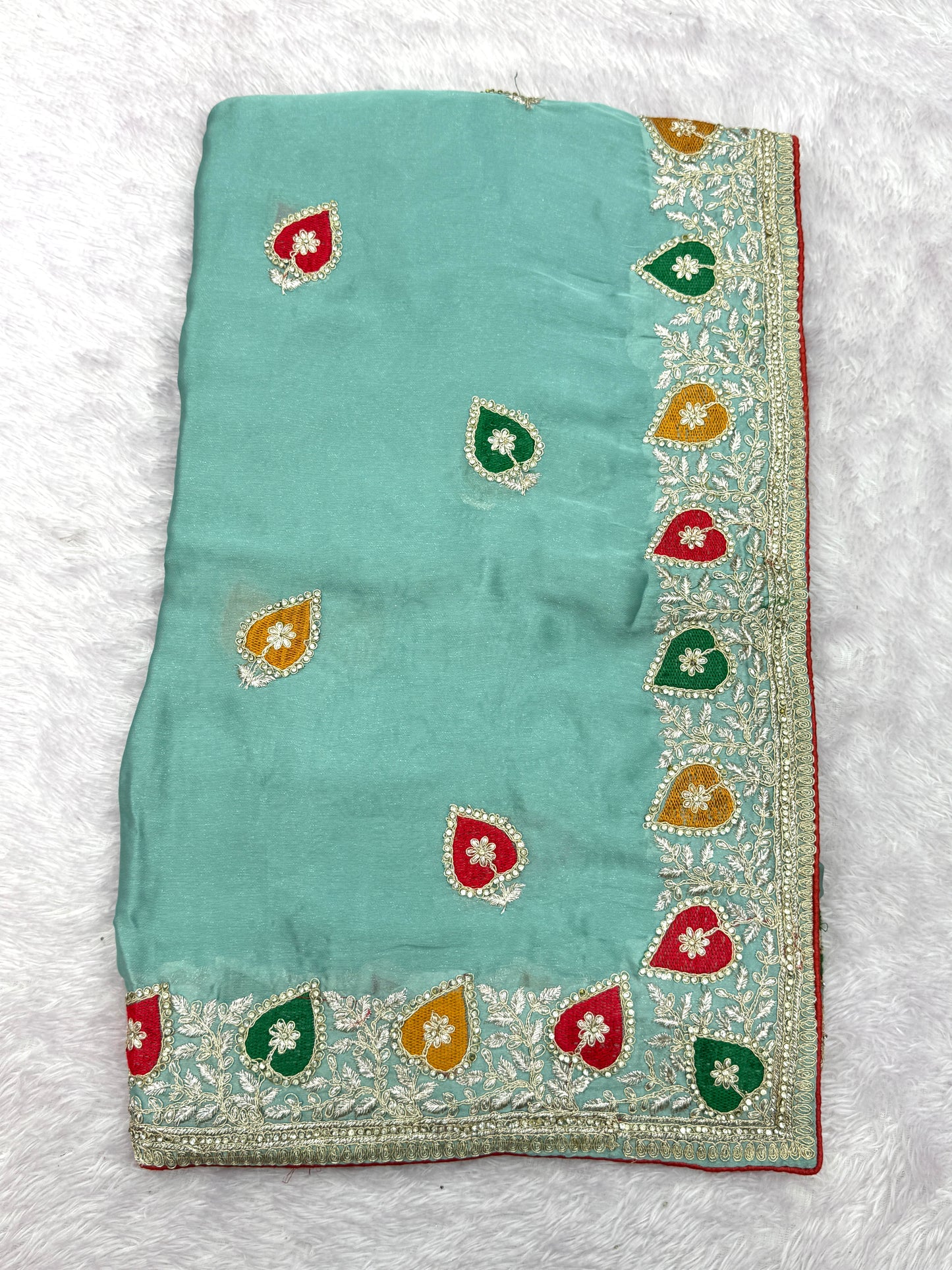 Elegant Sea Green Chiffon Saree with Multicolor Embroidered Border
