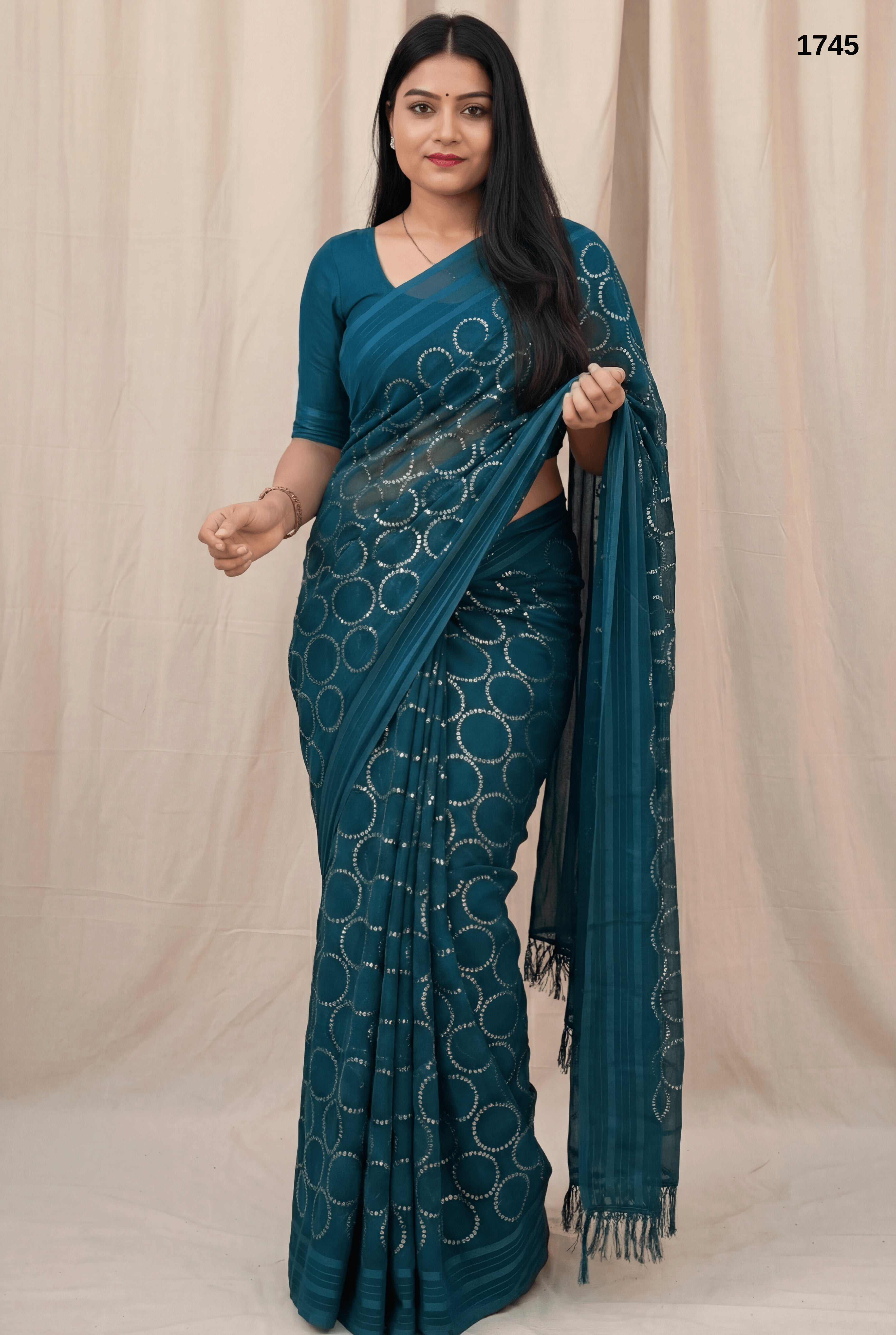 Teal Blue Georgette Saree with Elegant Sequin Work – Party & Festive Wear