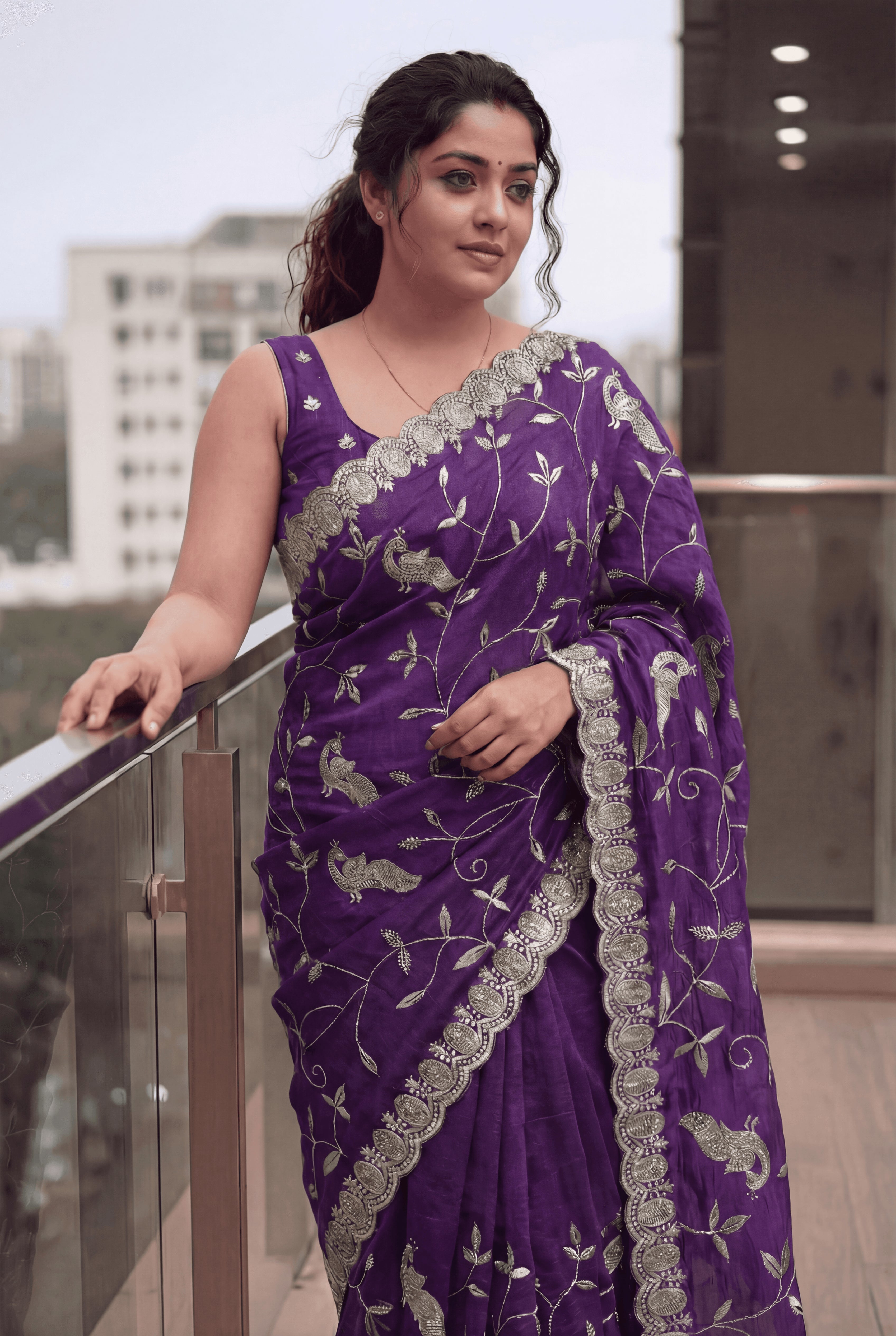Royal Purple Embroidered Designer Saree