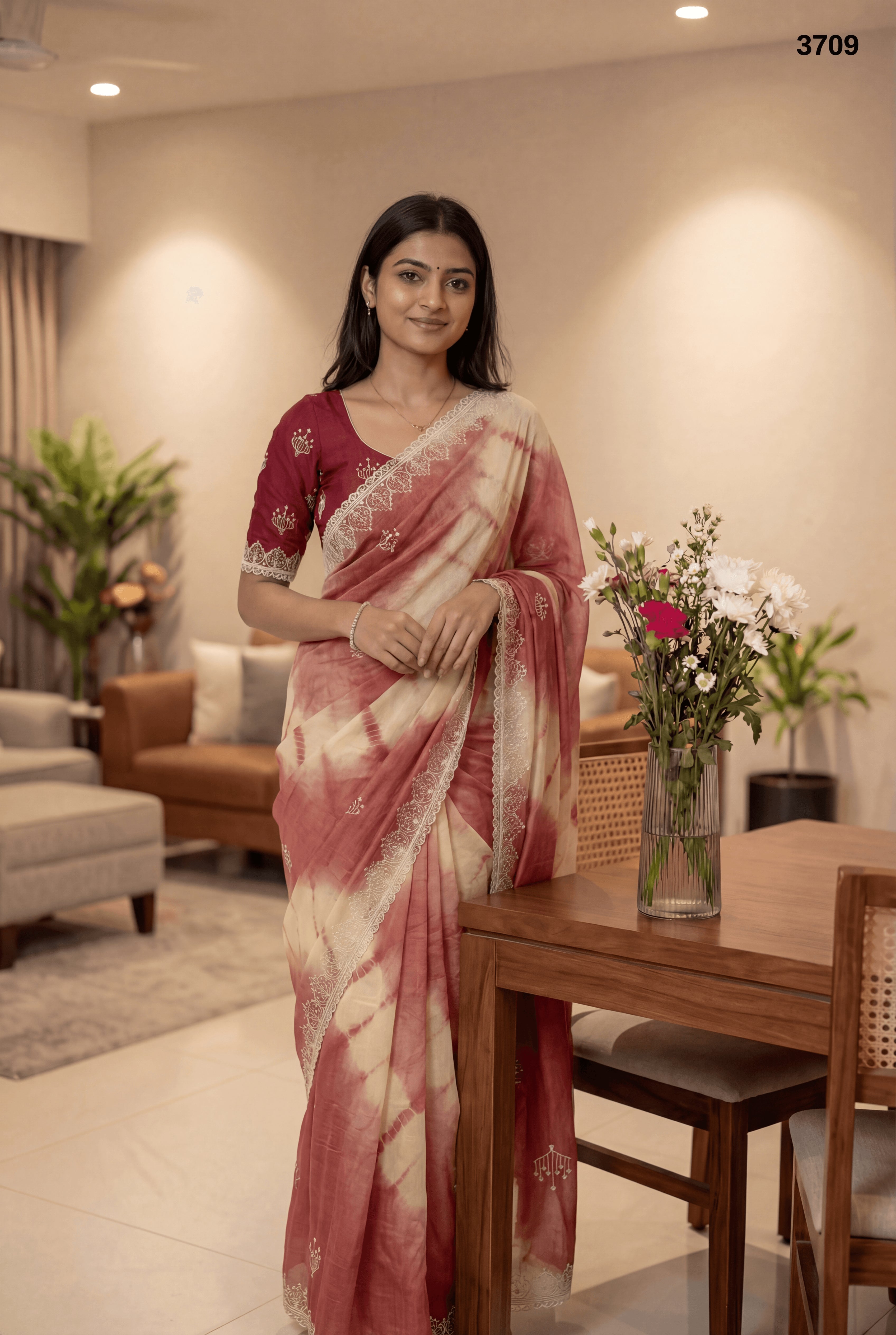 Elegant Wine Red Tie-Dye Saree with Embroidered Border