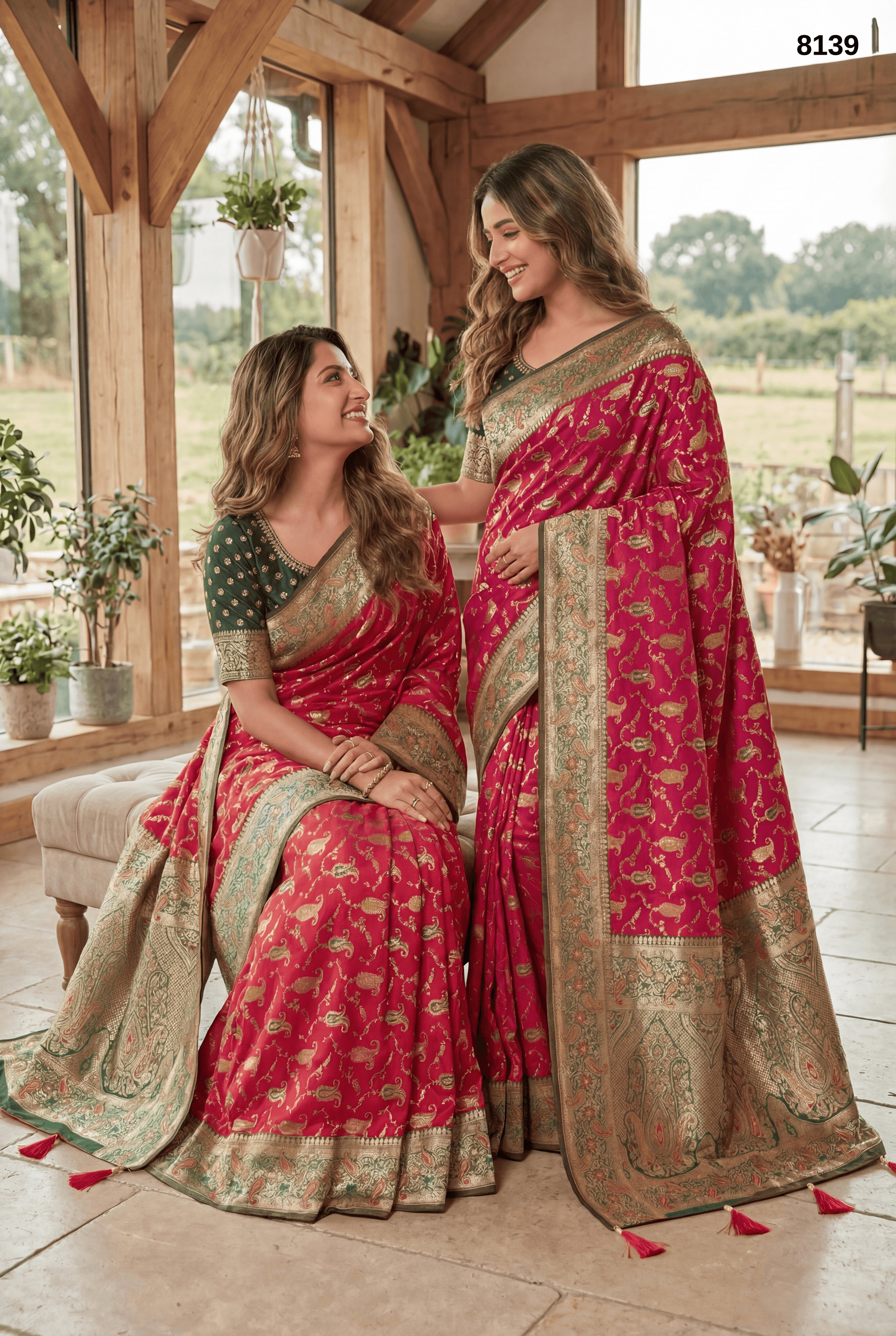 Soft Banarasi Silk Saree with Antique Zari Weaving – Rani Pink & Green Traditional Saree