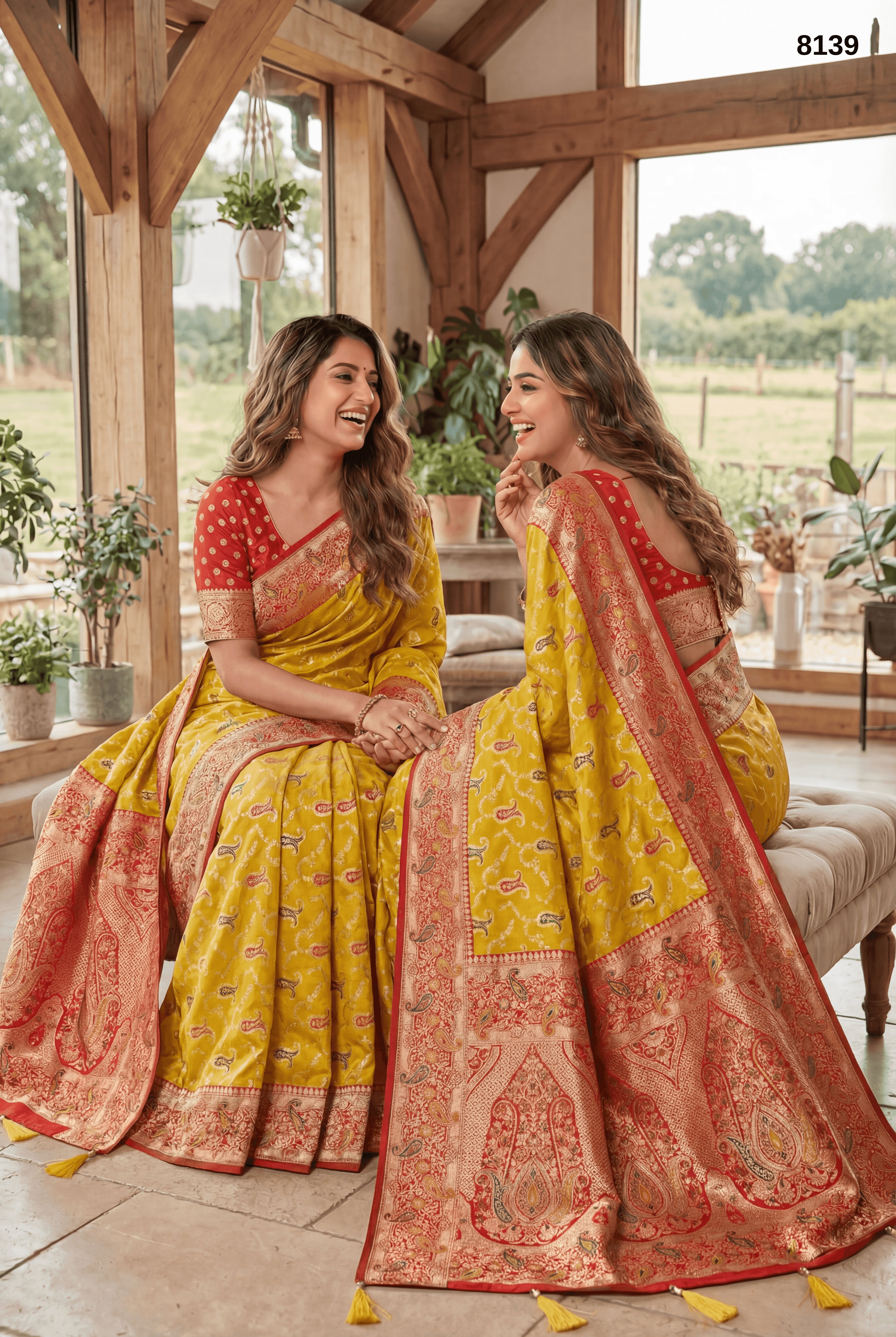 Soft Banarasi Silk Saree with Traditional Zari Weaving – Mustard Yellow & Red Border