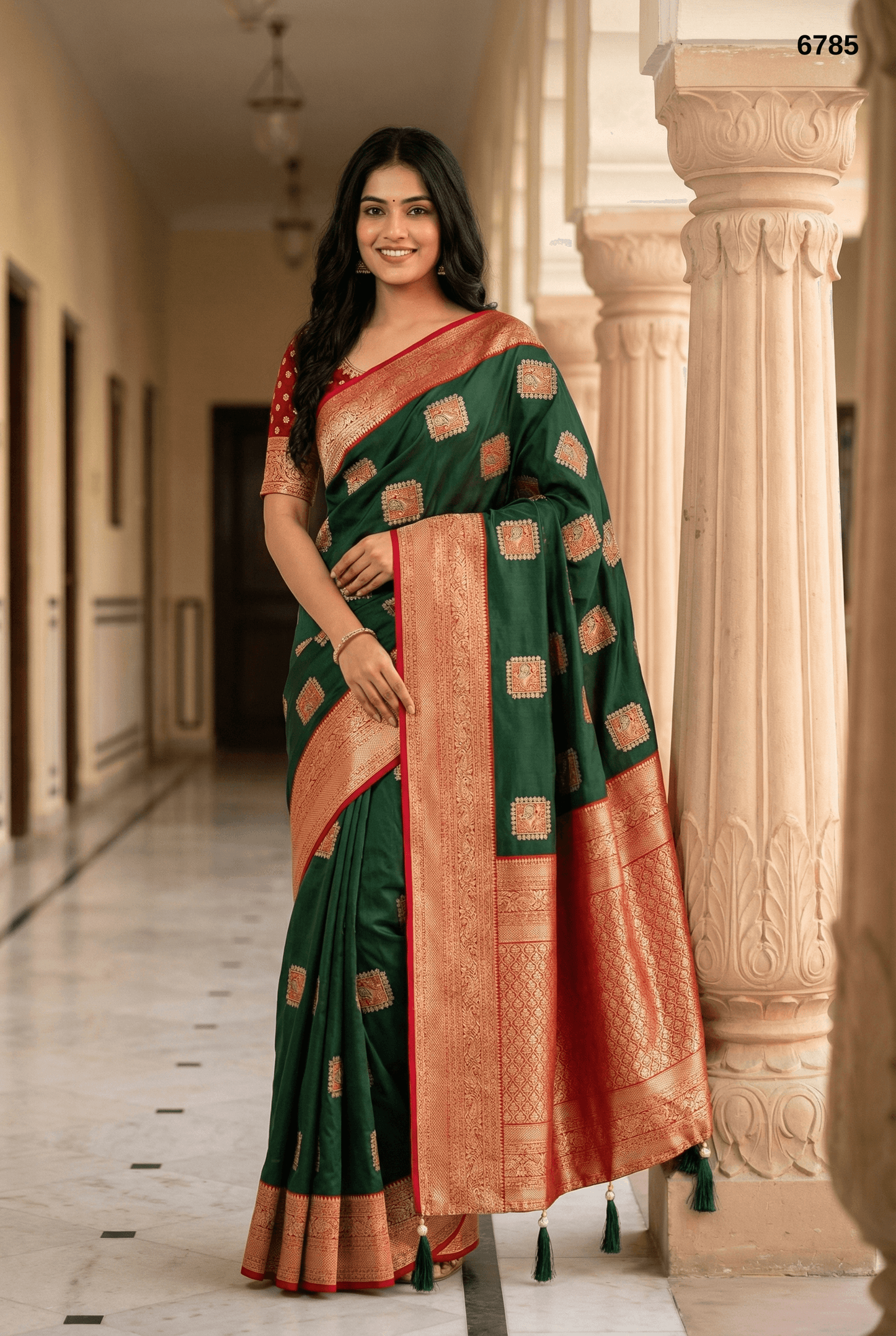 Elegant Emerald Green Silk Saree with Antique Zari Motifs & Rich Contrast Border