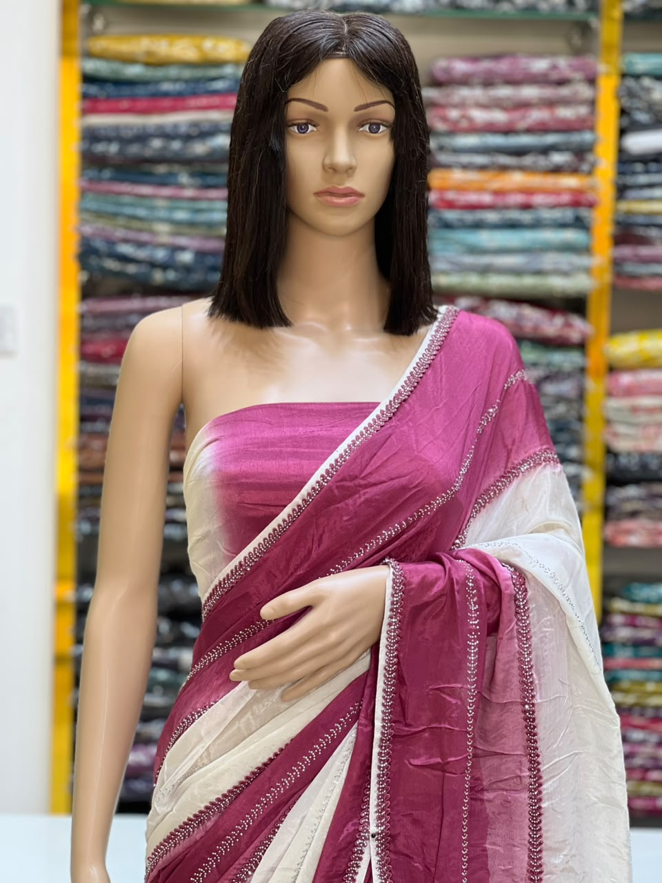 Elegant White & Magenta Designer Saree with Contrast Border