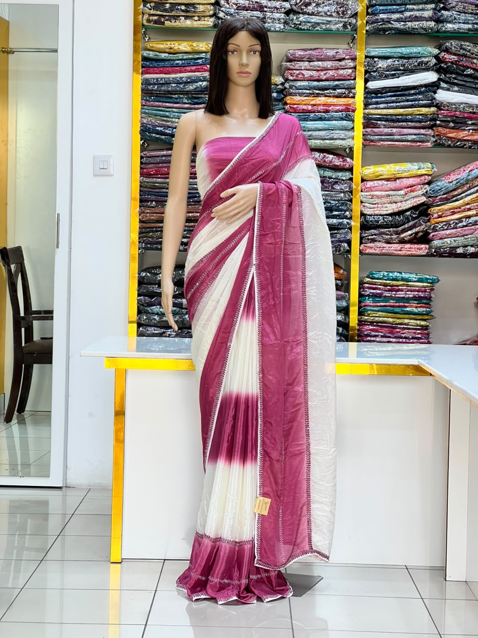 Elegant White & Magenta Designer Saree with Contrast Border