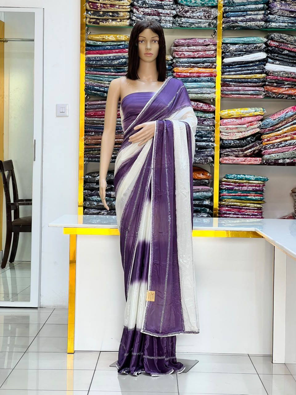 Premium Purple & White Designer Saree with Elegant Embellished Border