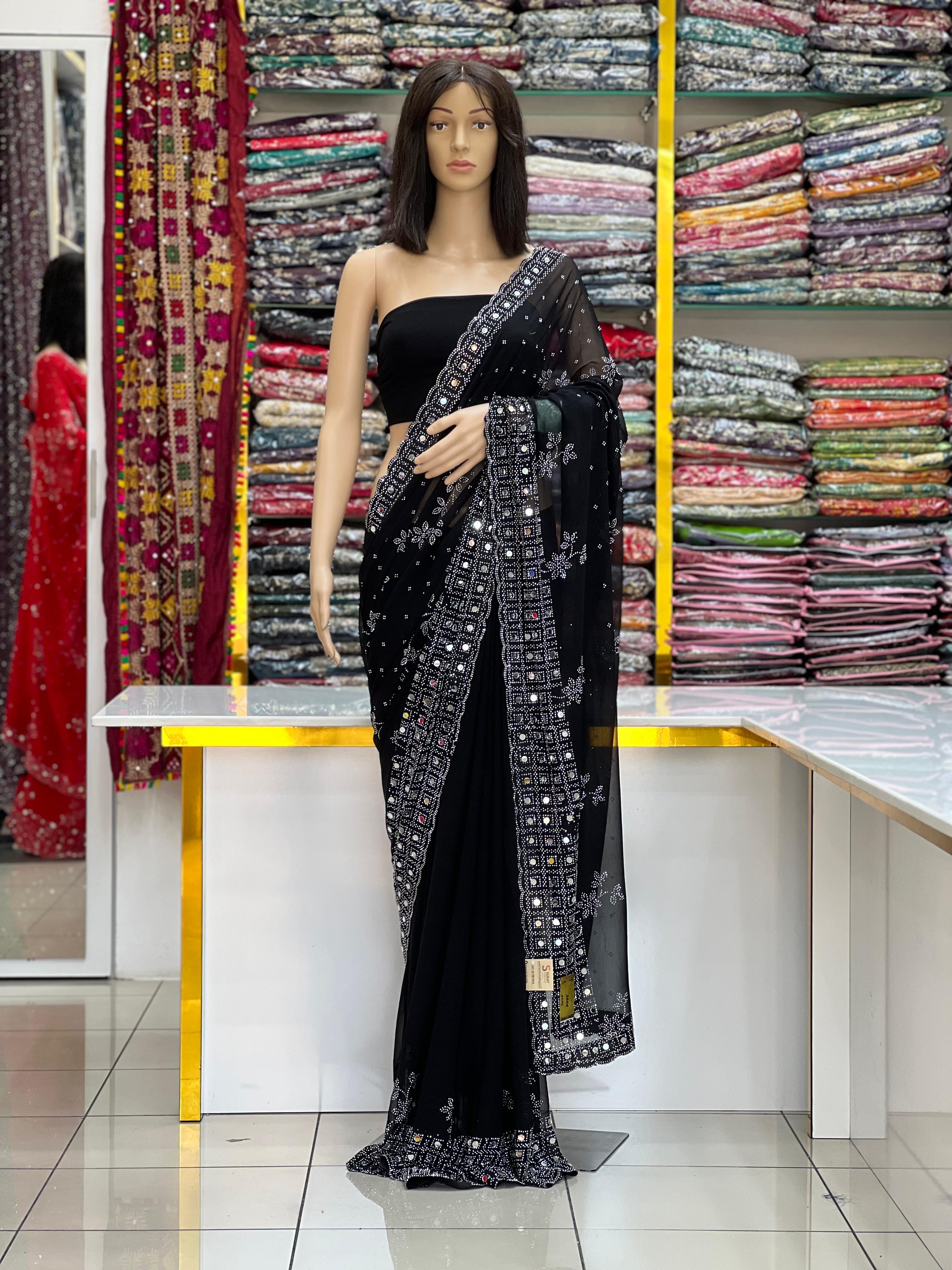 Elegant Pure Black Georgette Saree with Original Mirror & Swarovski Stone Work