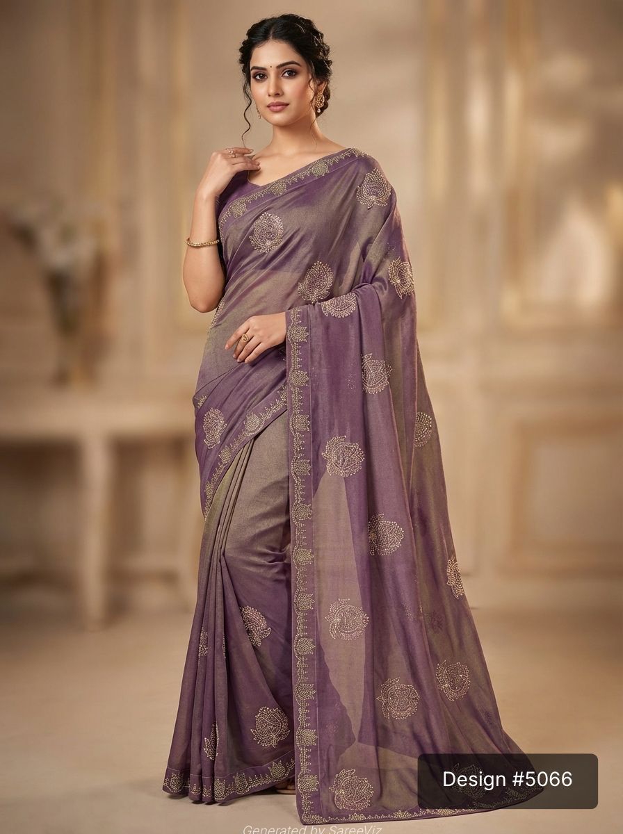 Elegant Mauve Embellished NC Moss Chiffon Saree