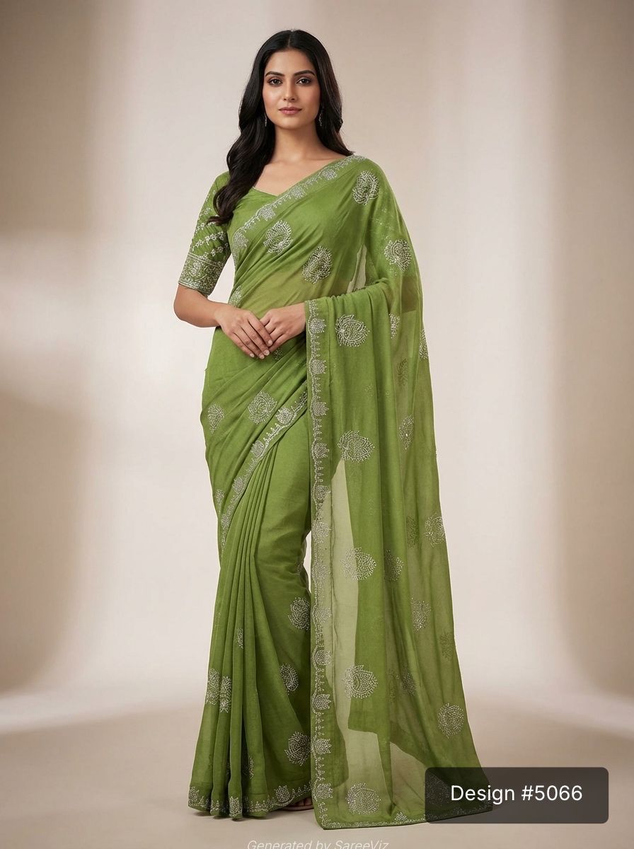 The Olive Mist Saree Embroidered NC Moss Chiffon Elegance