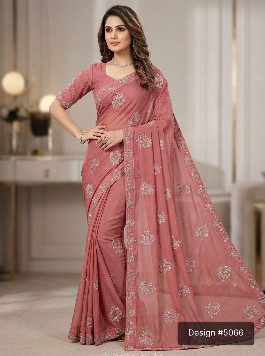 Dusty Rose Pink Embellished NC Moss Chiffon Saree