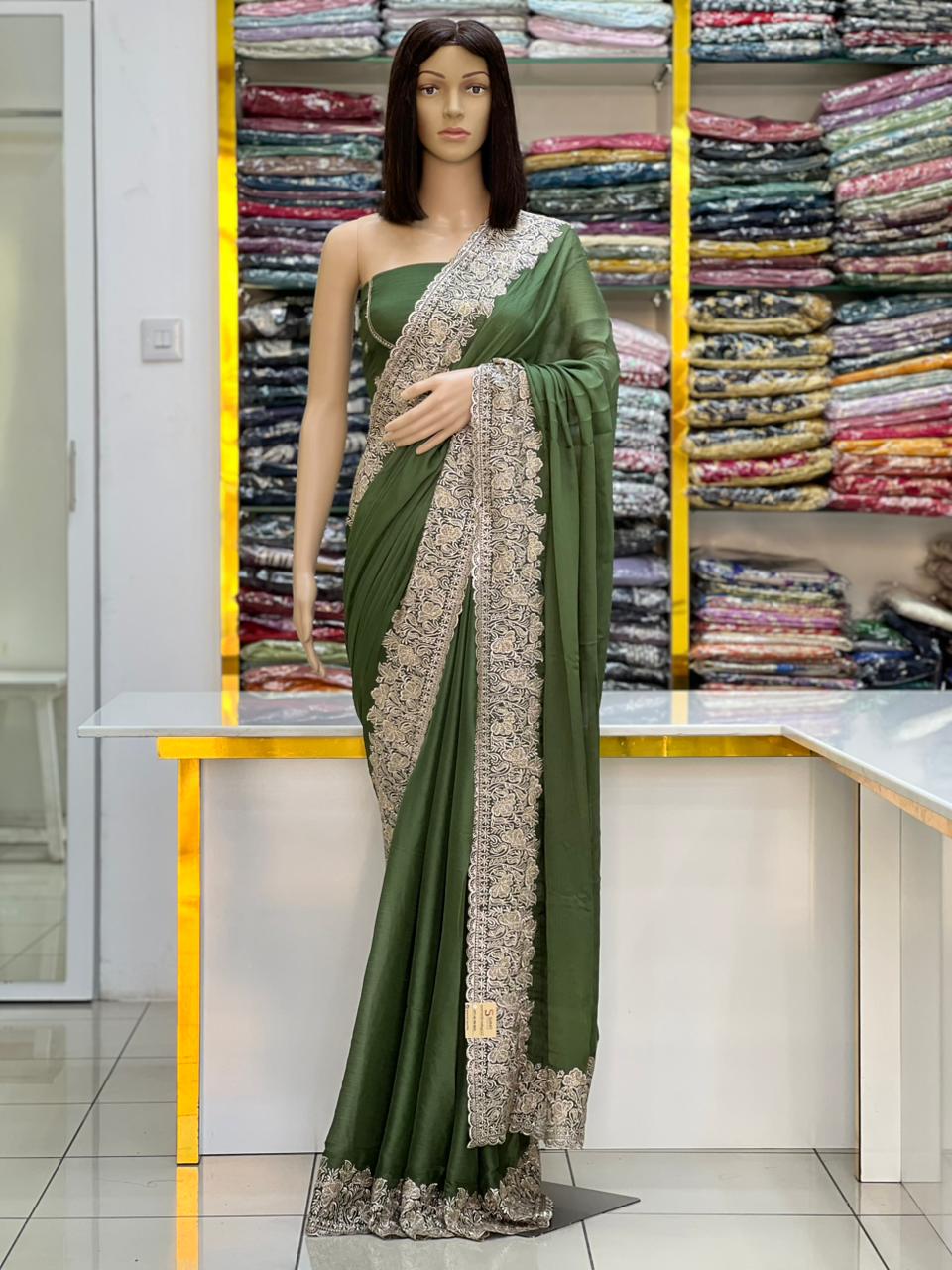 Premium Olive Green Silk Saree with Heavy Zari Embroidered Border