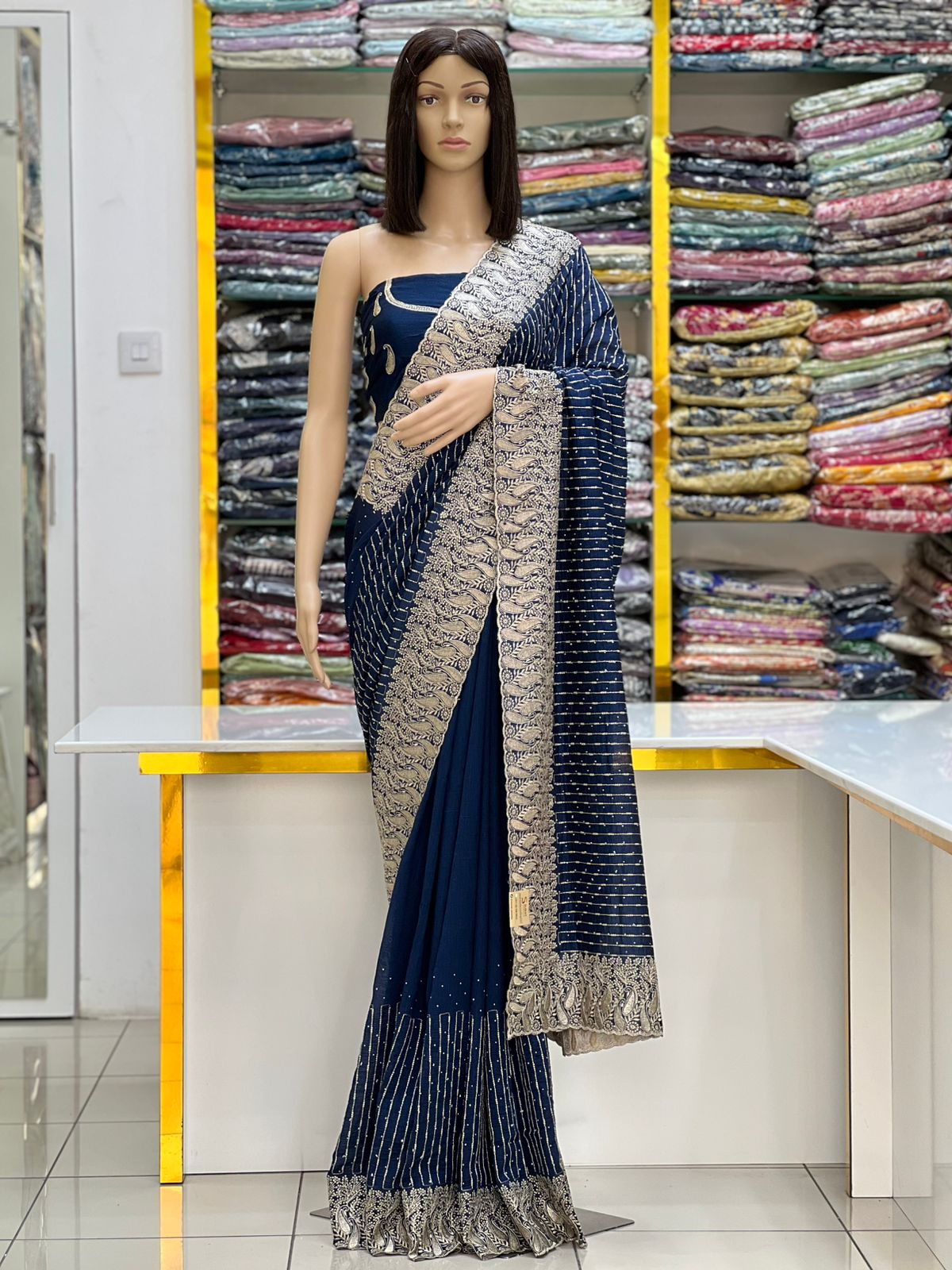 Royal Navy Blue Vichitra Silk Saree with Rich Zari Embroidery