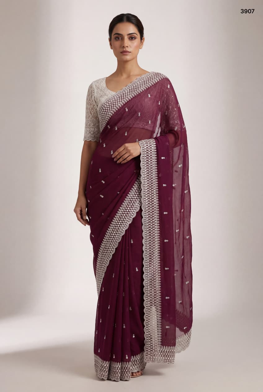 Premium Embroidered Crunchy Saree Collection: Olive, Rust, and Deep Wine