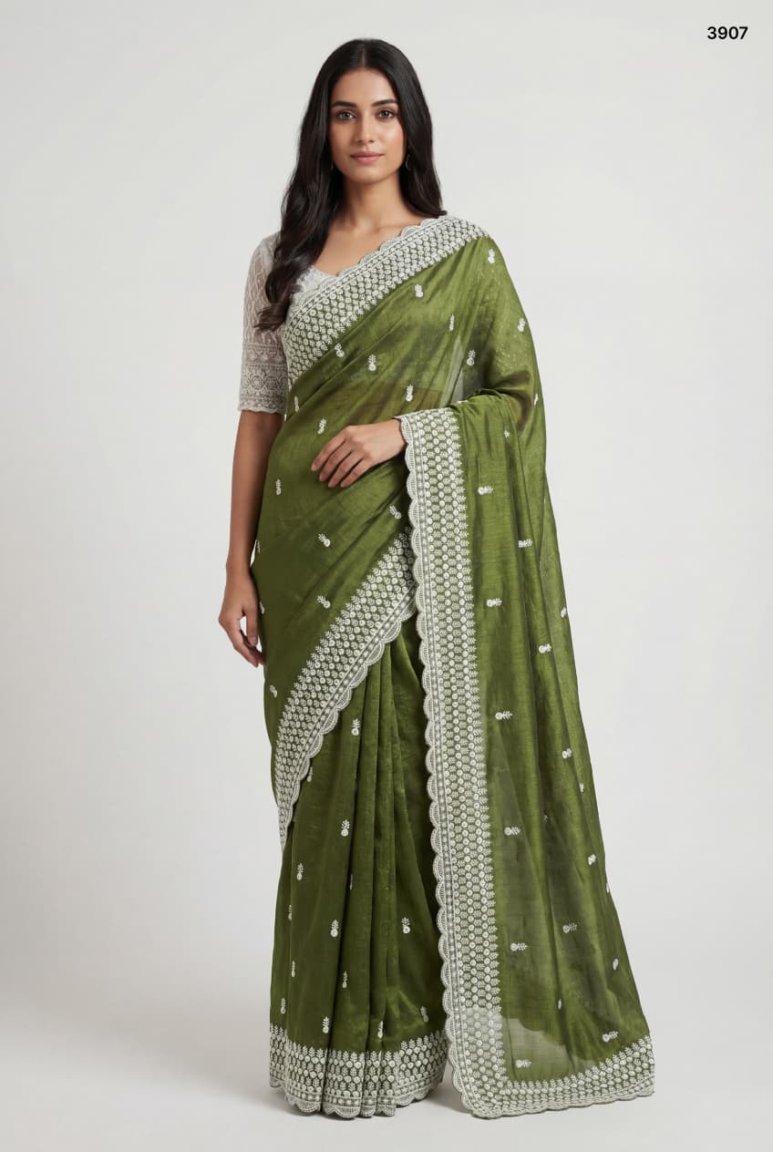 Olive Green Embroidered Crunchy Chiffon Saree with Scalloped Borders