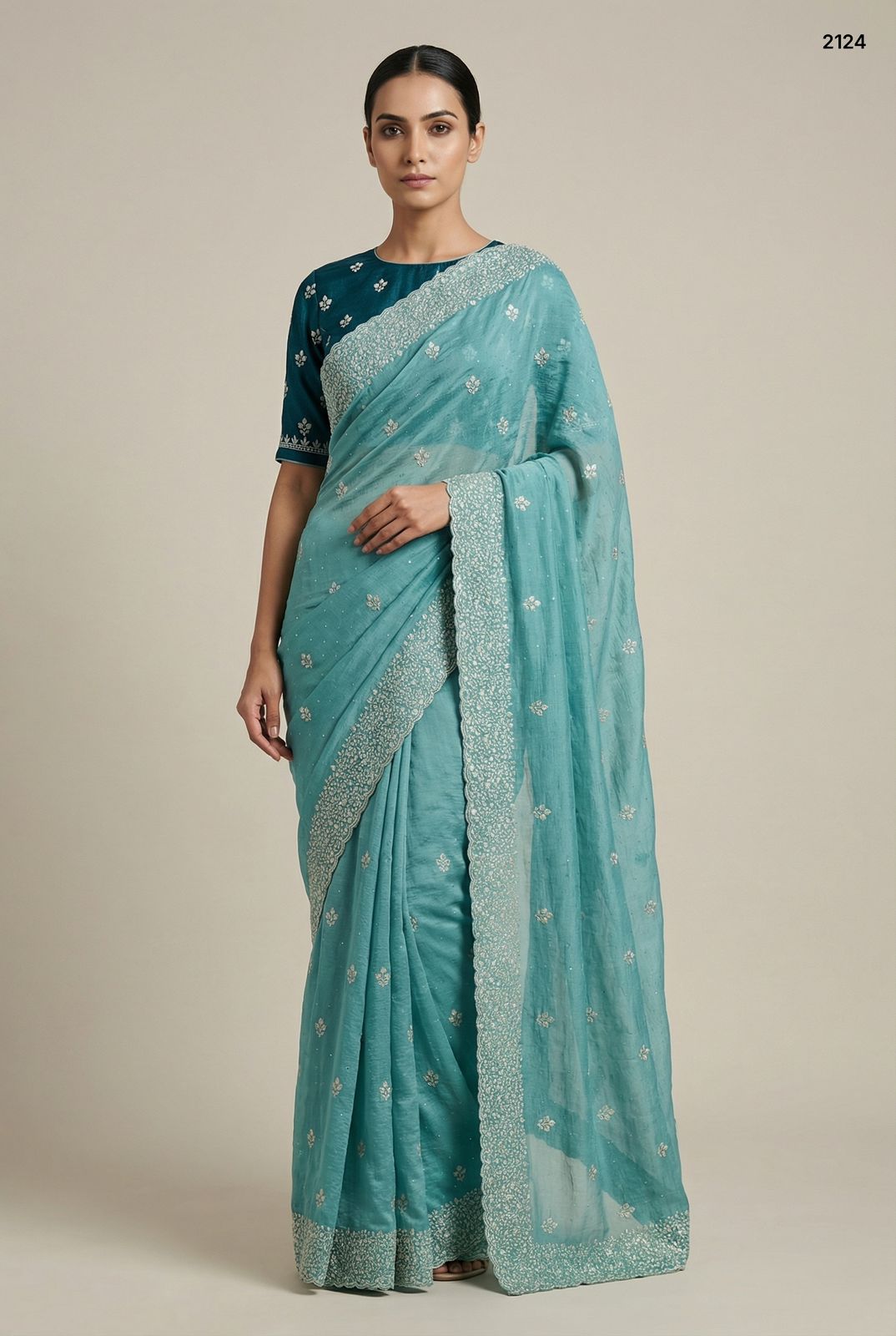 Seafoam Blue Crunchy Saree with Silver Zari Embrodery Work & Contrast Blouse
