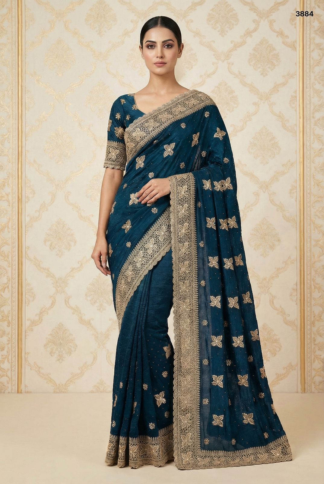 Midnight Teal Heavily Embroidered Crunchy Saree with Zari Border
