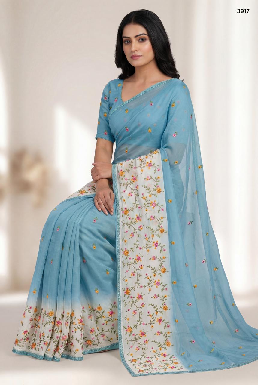 Sky Blue Floral Embroidered Crunchy Saree with Contrast Border