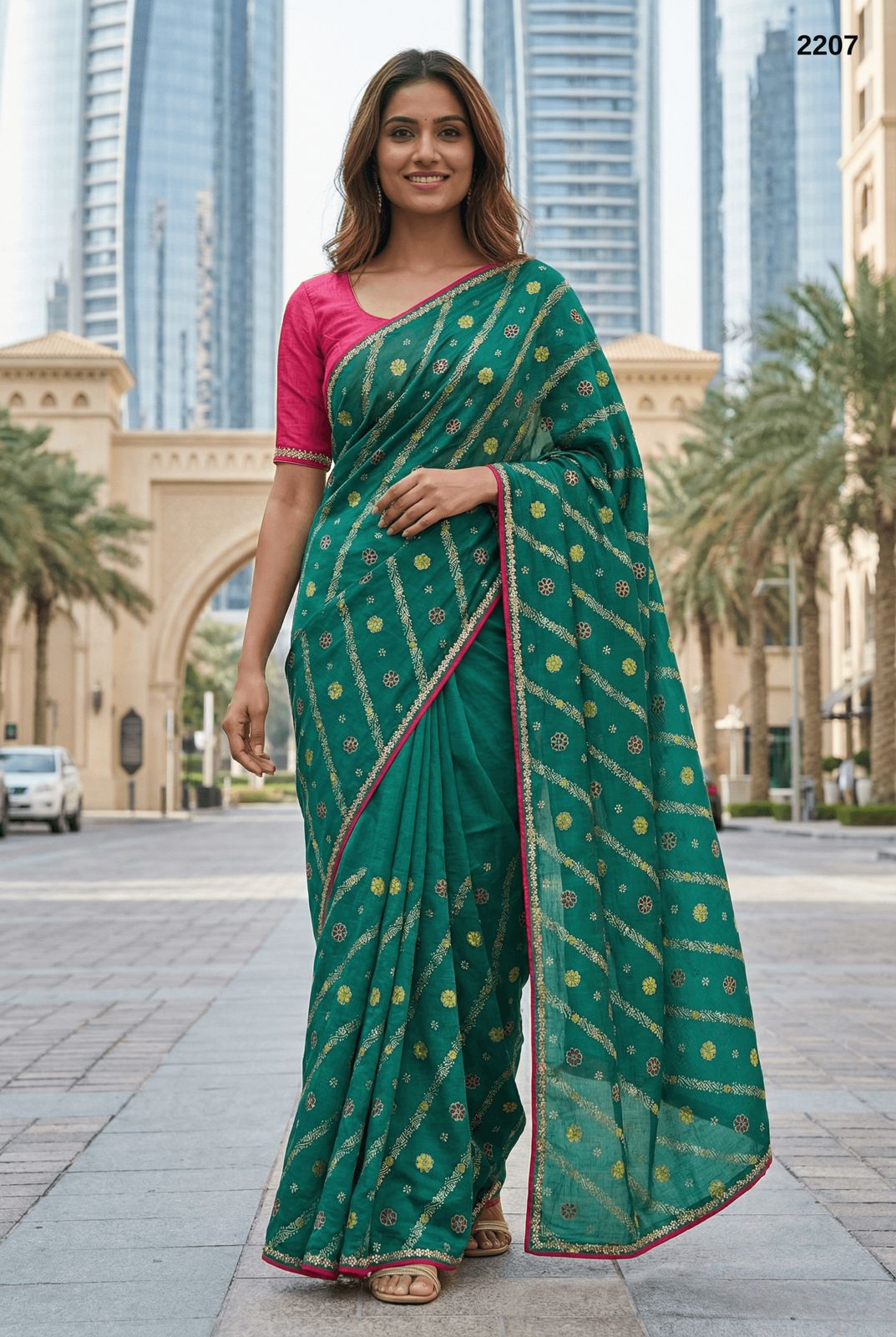 Radiant Emerald Green Leheriya Printed Saree with Magenta Contrast