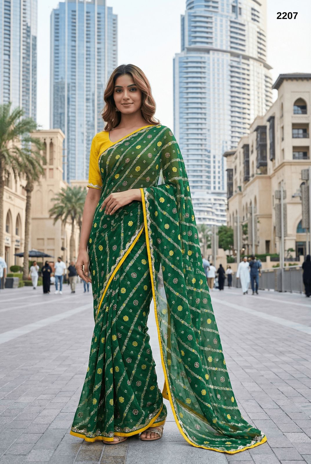Emerald Green Fandy Saree with Bandhani-Inspired Print