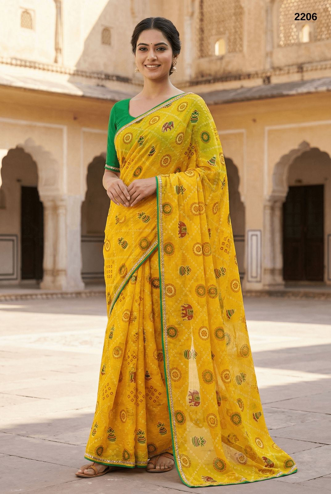 Vibrant Mustard Yellow Fandy Saree with Traditional Motif Prints