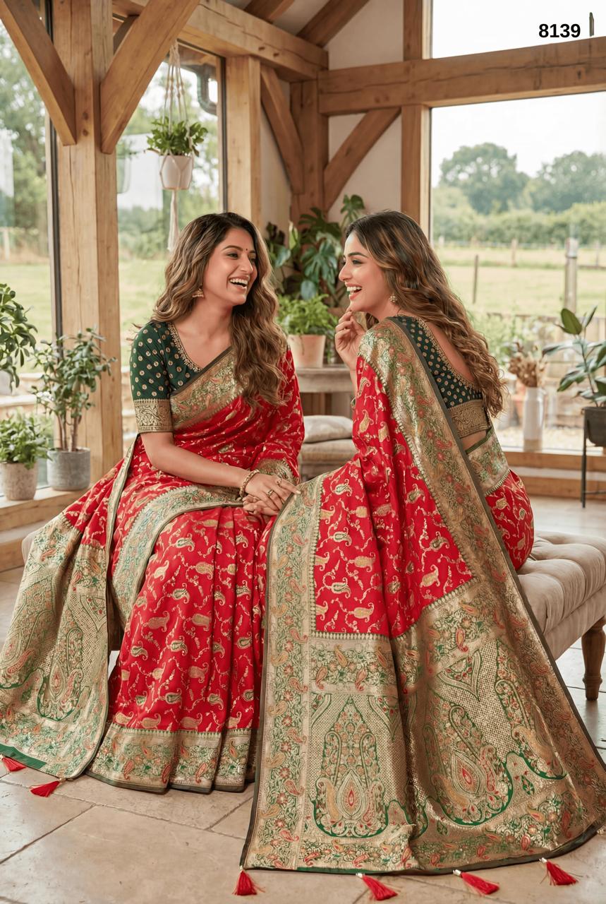 Rich Red Soft Banarasi Silk Saree with Antique Gold Zari Border