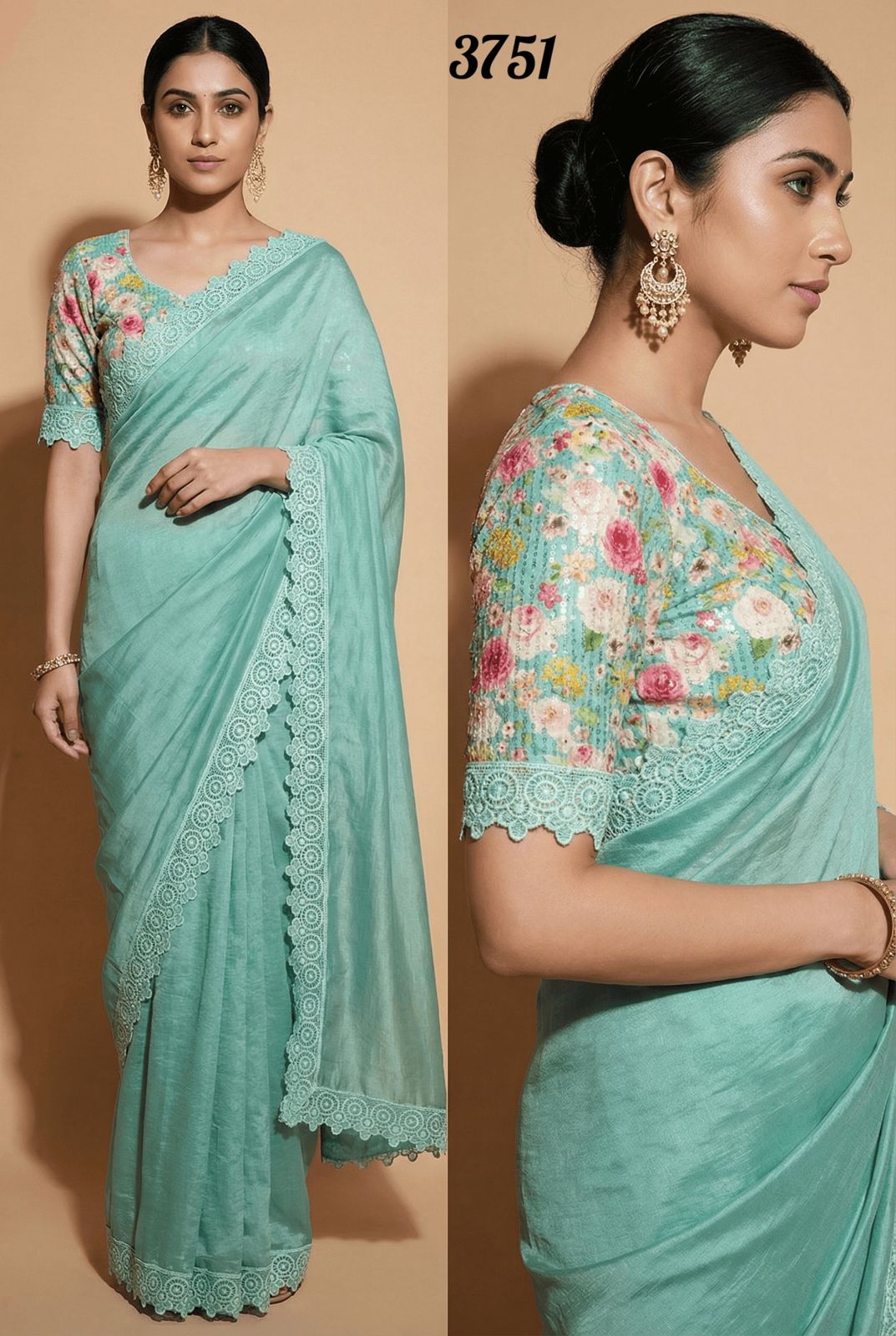Sea Green Space Silk Saree with Designer Floral Sequin Blouse