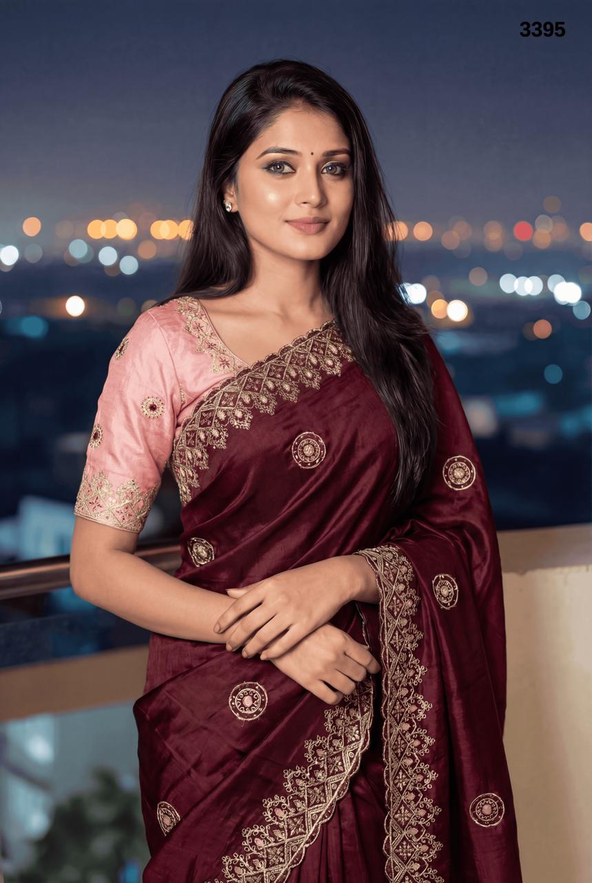 Royal Maroon Tissue Crush Saree with Embroidery Border